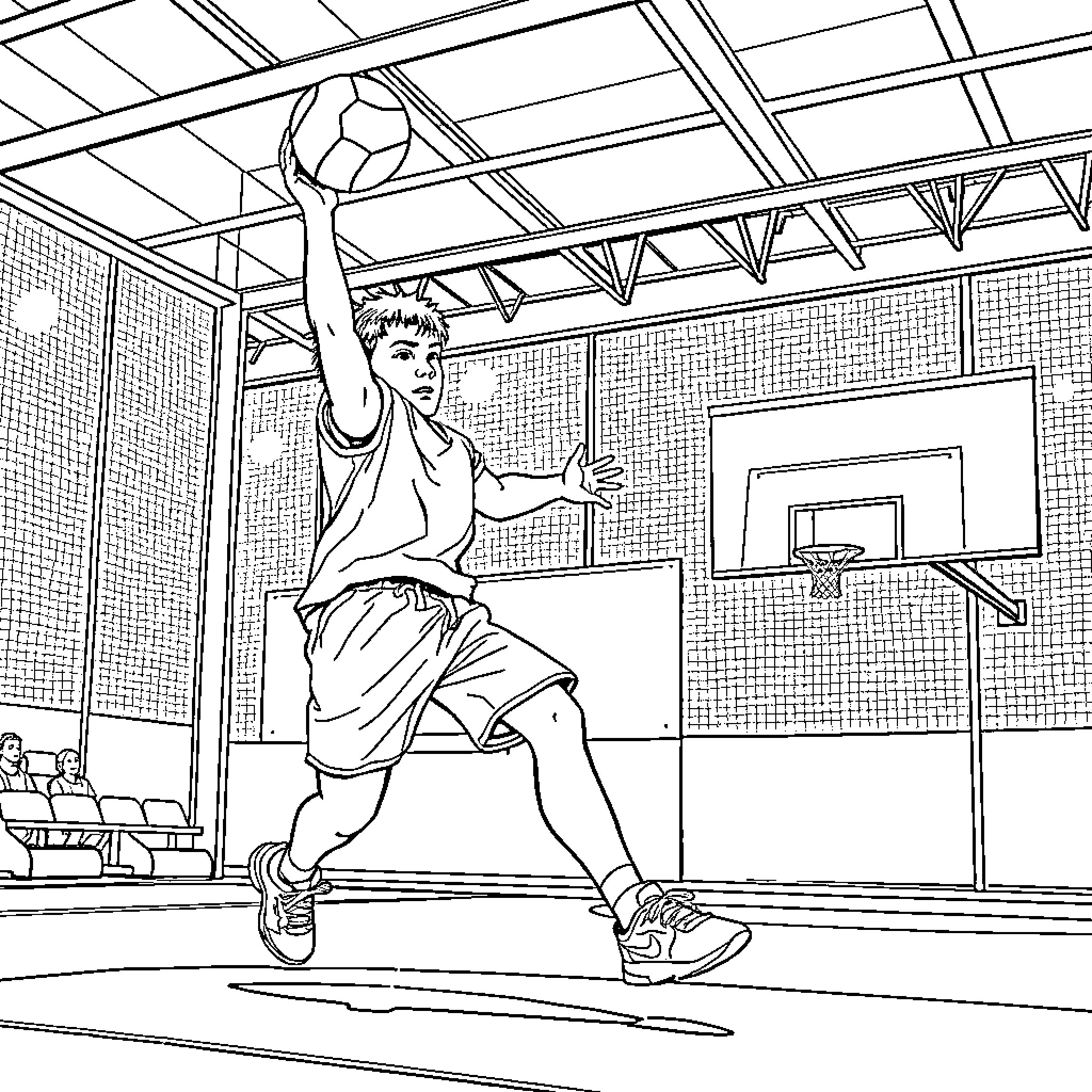 Joven jugador de baloncesto en la cancha Coloring Page (free black-and-white line drawing printable PDF for all, from beginners to advanced learners, including children, teens, adults, and seniors)
