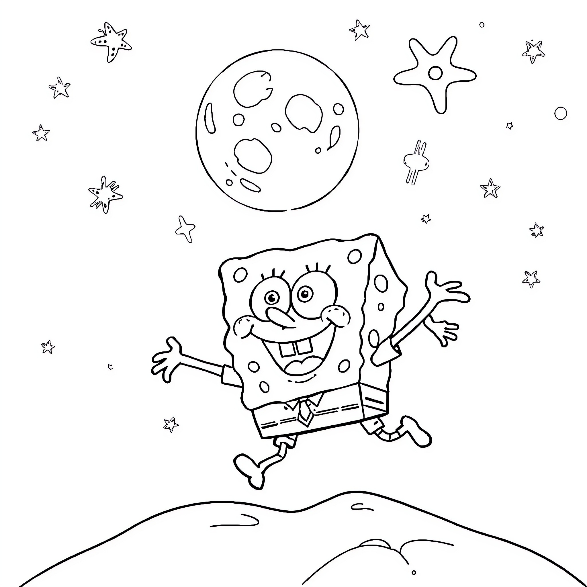 Sponge Bob jumping happily in the starry night Coloring Page (free black-and-white line drawing printable PDF for all, from beginners to advanced learners, including children, teens, adults, and seniors)