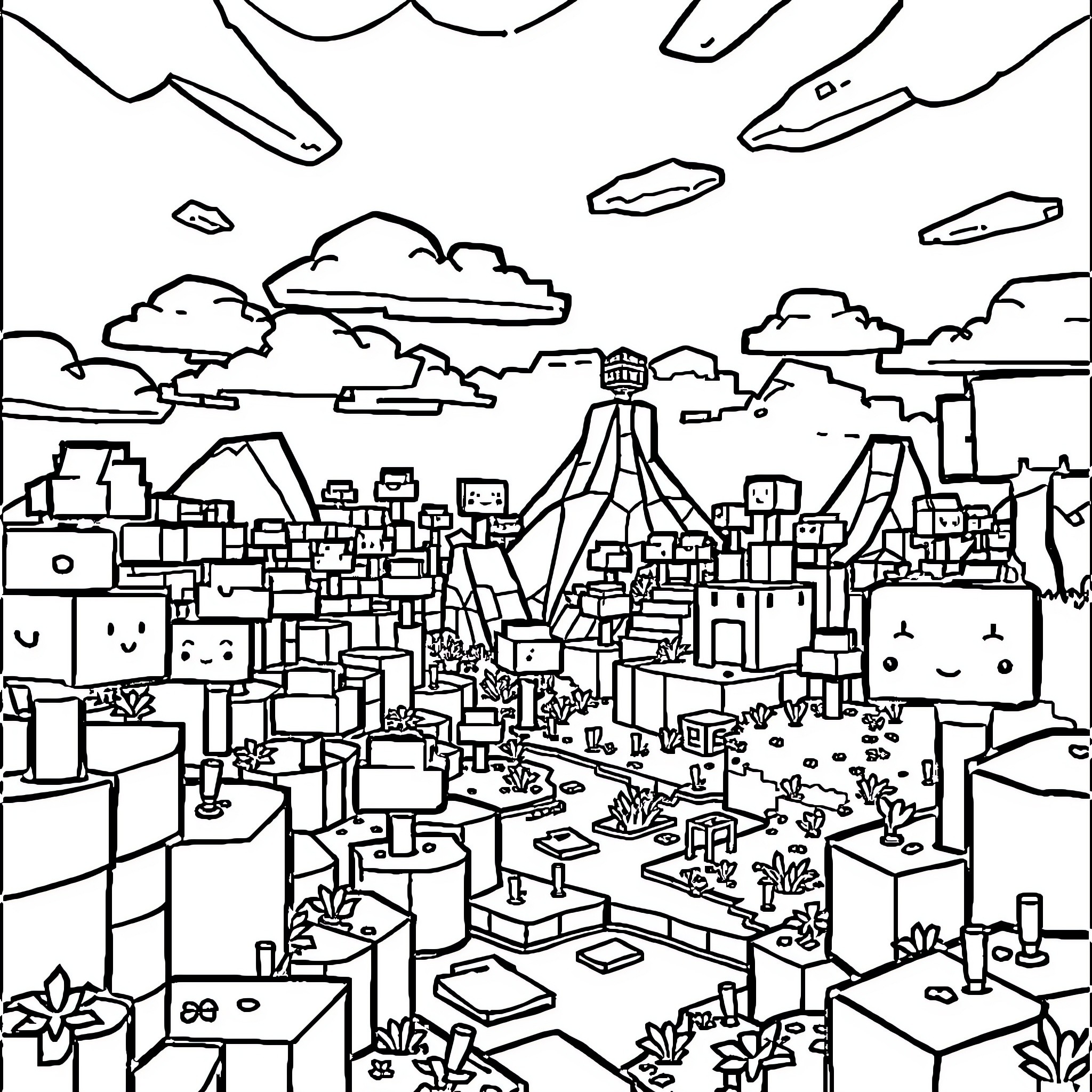 Minecraft Bustling City with Towering Structures Coloring Page (free black-and-white line drawing printable PDF for all, from beginners to advanced learners, including children, teens, adults, and seniors)