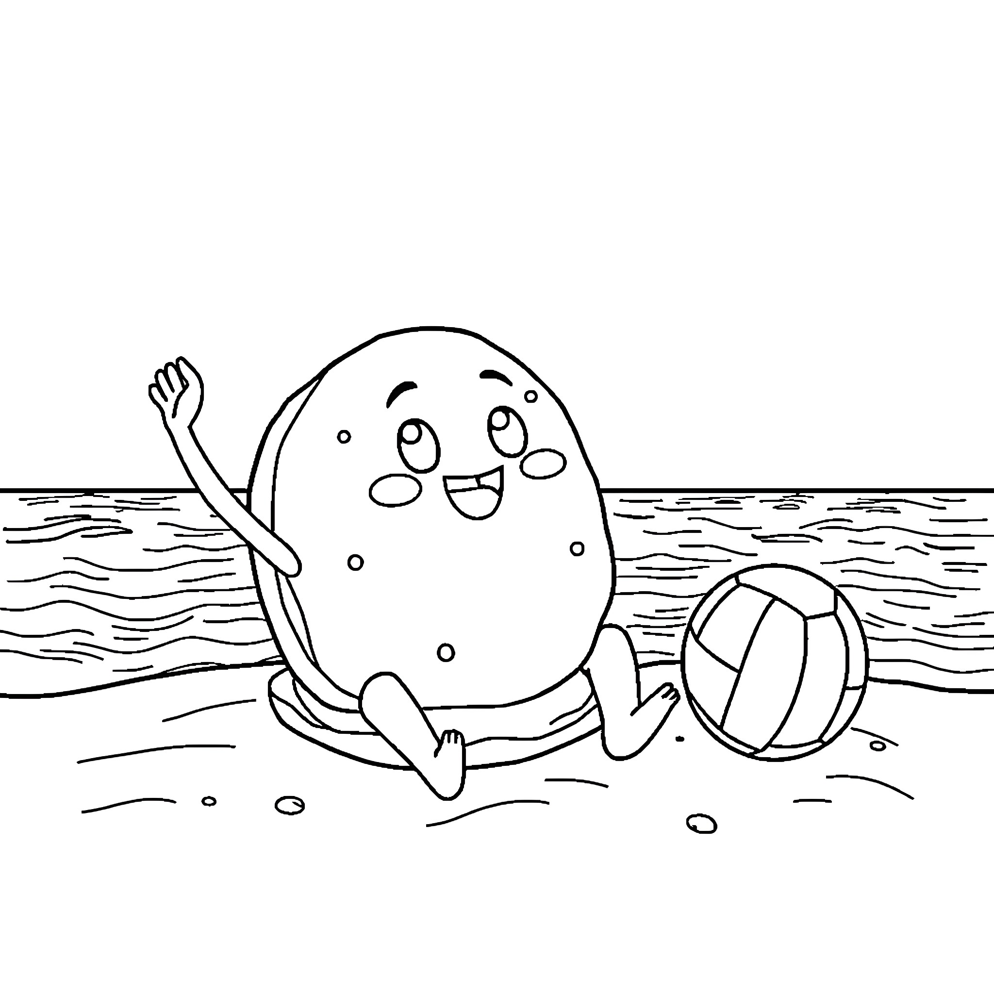 Pancake character enjoying a day at the beach Coloring Page (free black-and-white line drawing printable PDF for all, from beginners to advanced learners, including children, teens, adults, and seniors)