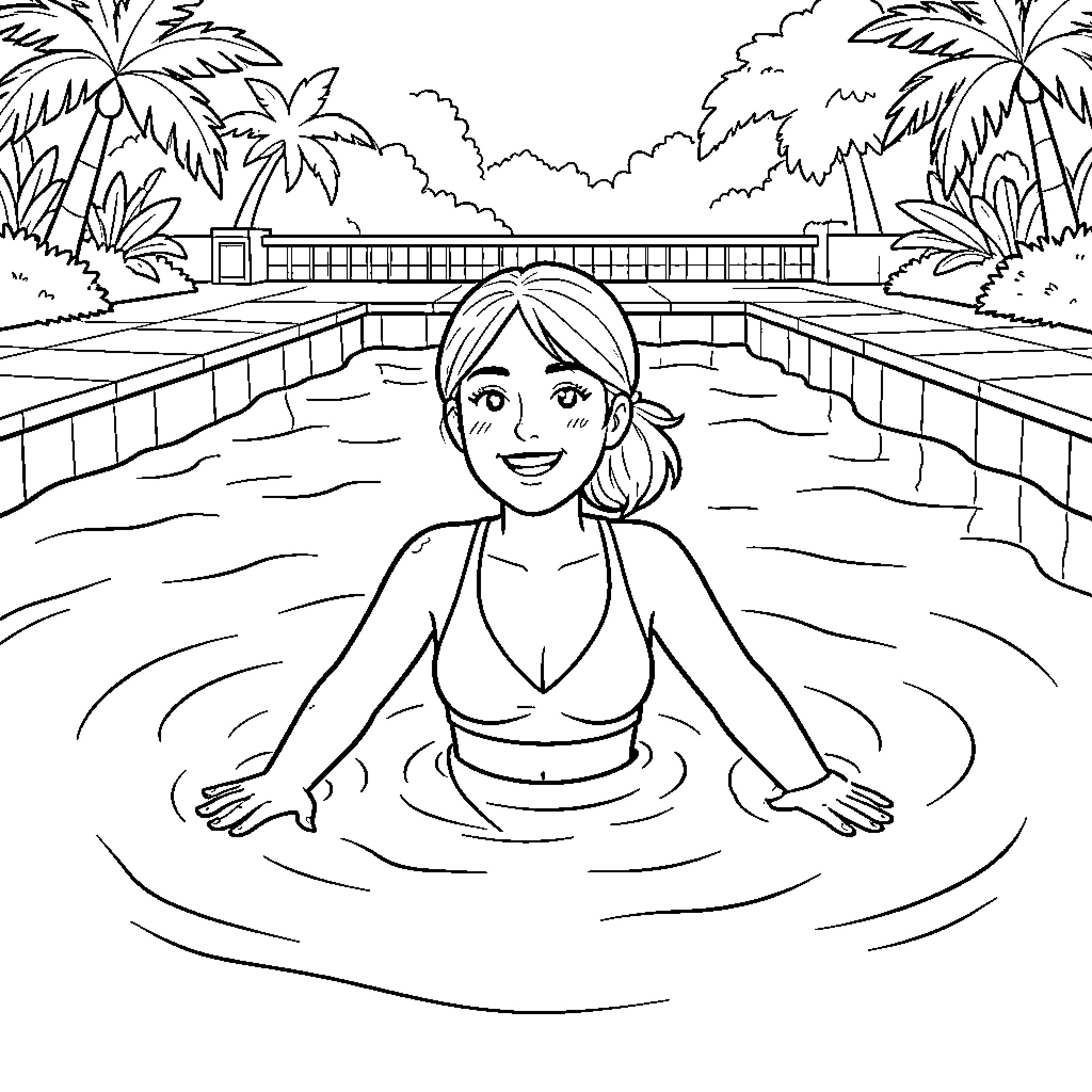 Ana María smiling while relaxing in a swimming pool Coloring Page (free black-and-white line drawing printable PDF for all, from beginners to advanced learners, including children, teens, adults, and seniors)