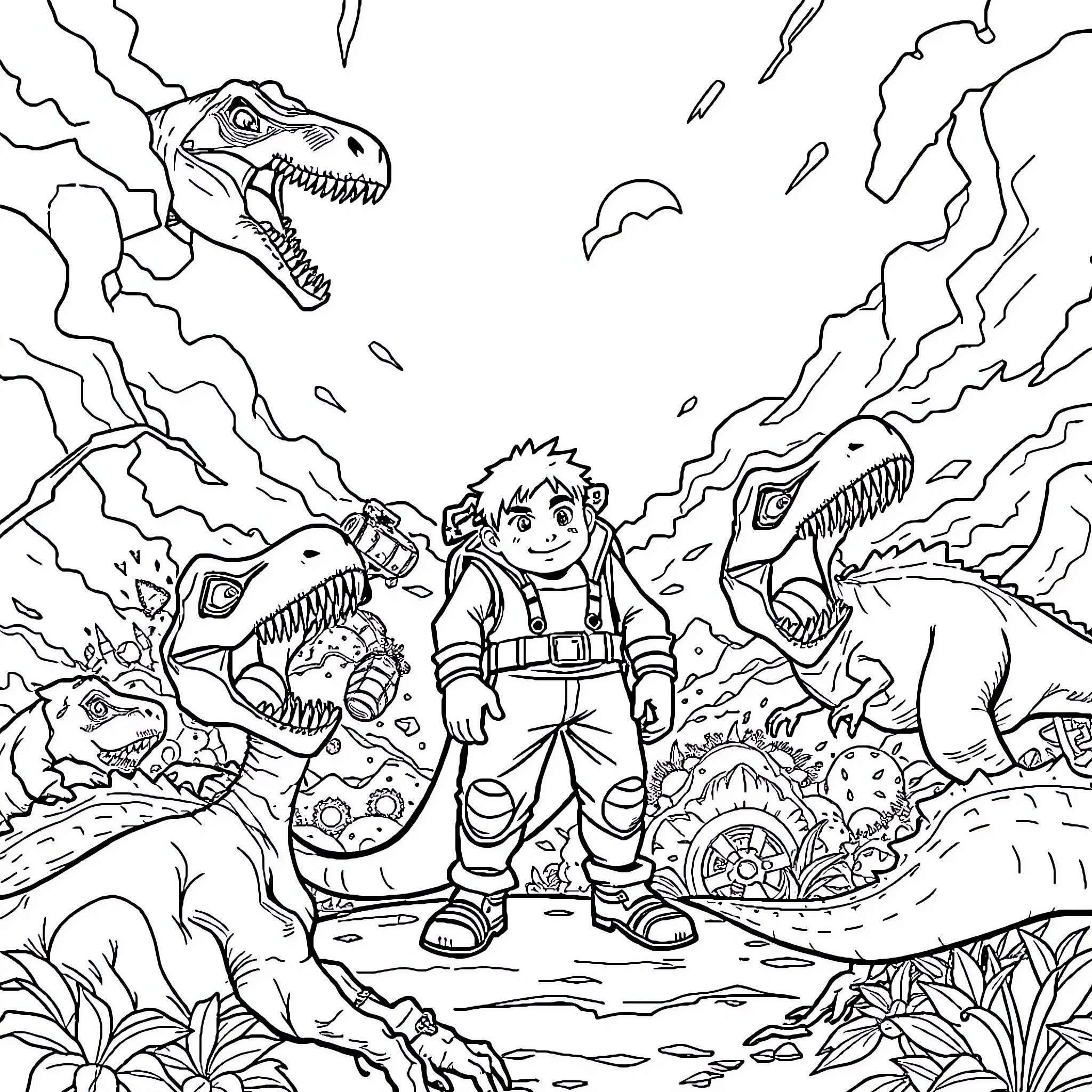 Karter's Dinosaur Adventure Coloring Page (free black-and-white line drawing printable PDF for all, from beginners to advanced learners, including children, teens, adults, and seniors)