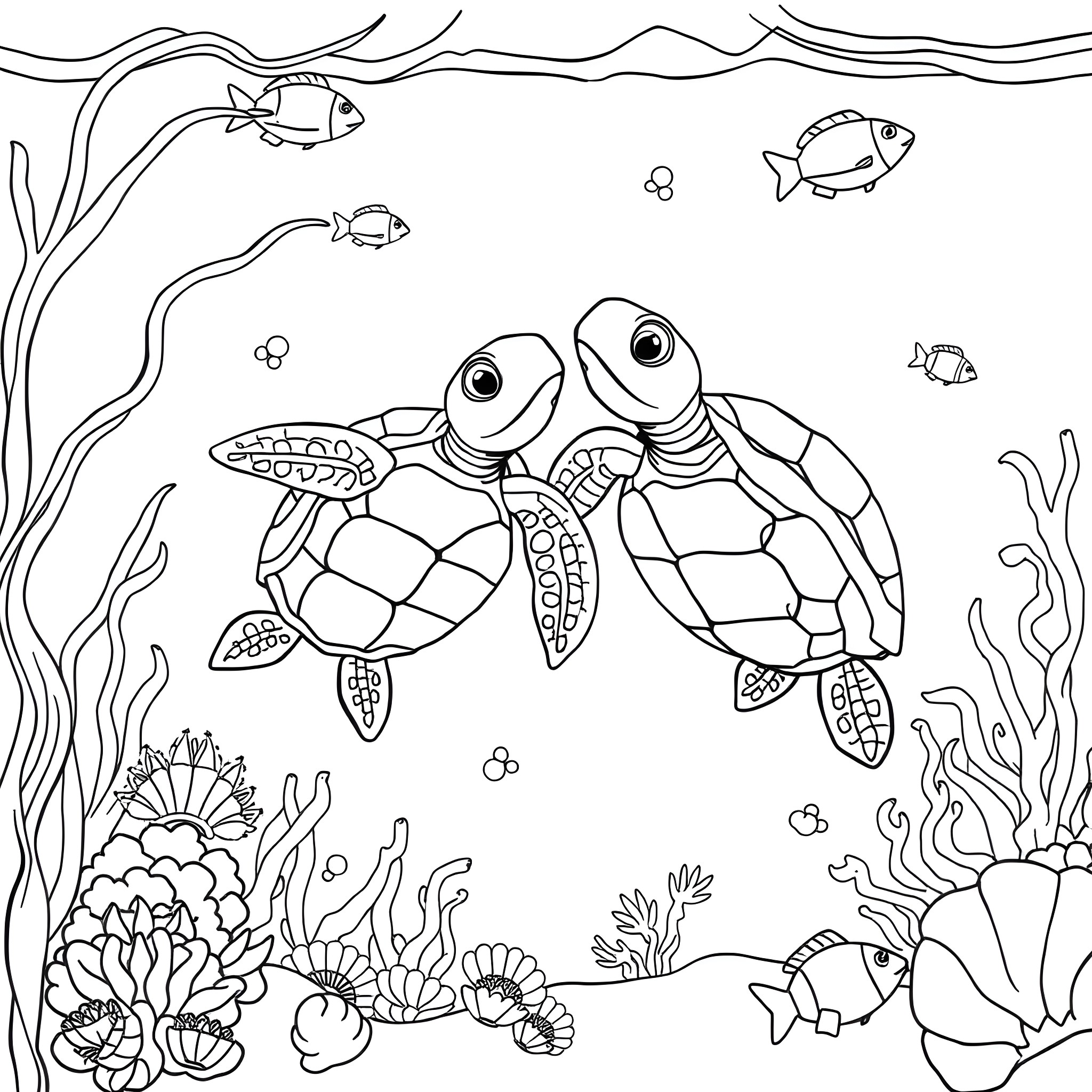 Turtle pair swimming together in the underwater scene Coloring Page (free black-and-white line drawing printable PDF for all, from beginners to advanced learners, including children, teens, adults, and seniors)