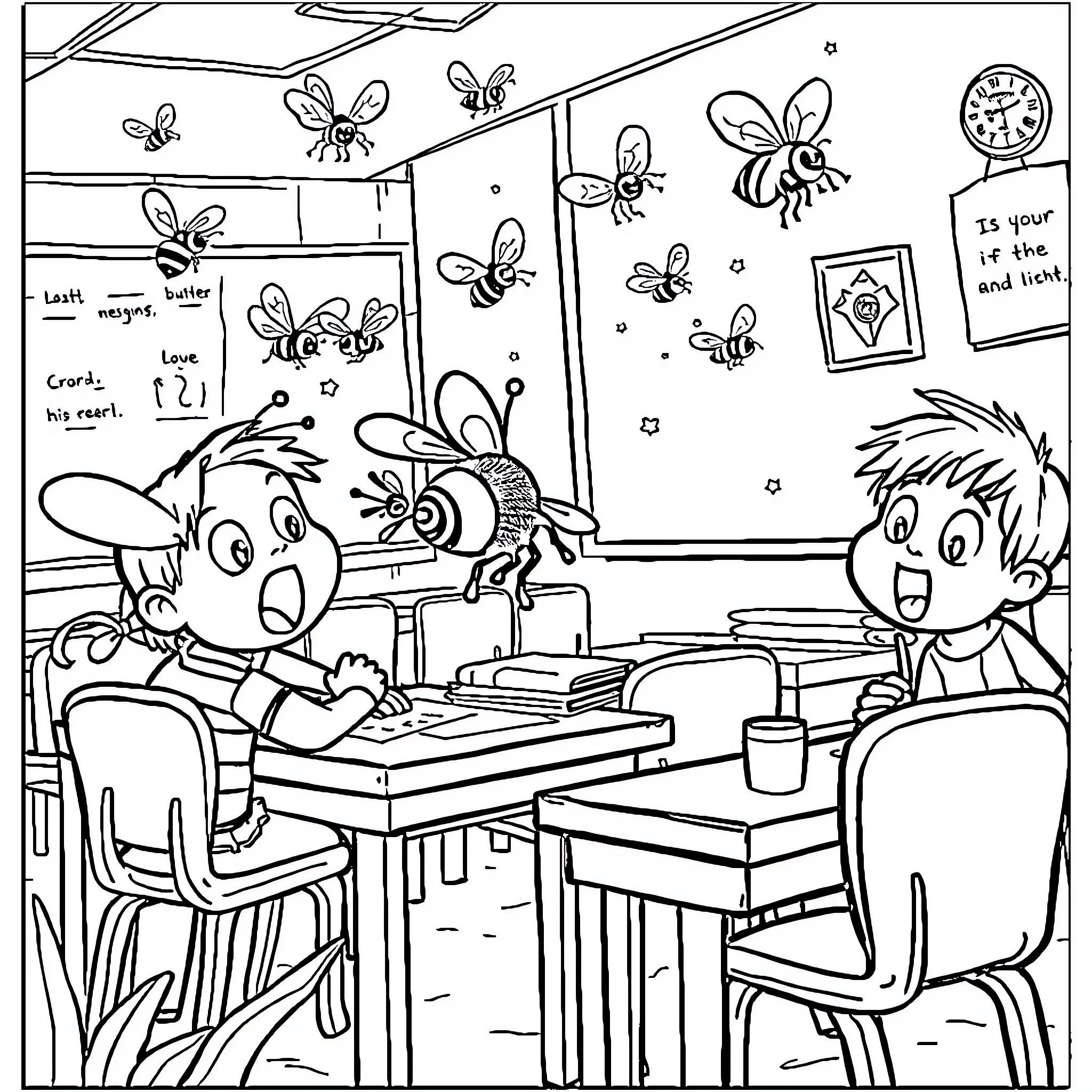 Bee buzzing in the lively classroom Coloring Page (free black-and-white line drawing printable PDF for all, from beginners to advanced learners, including children, teens, adults, and seniors)