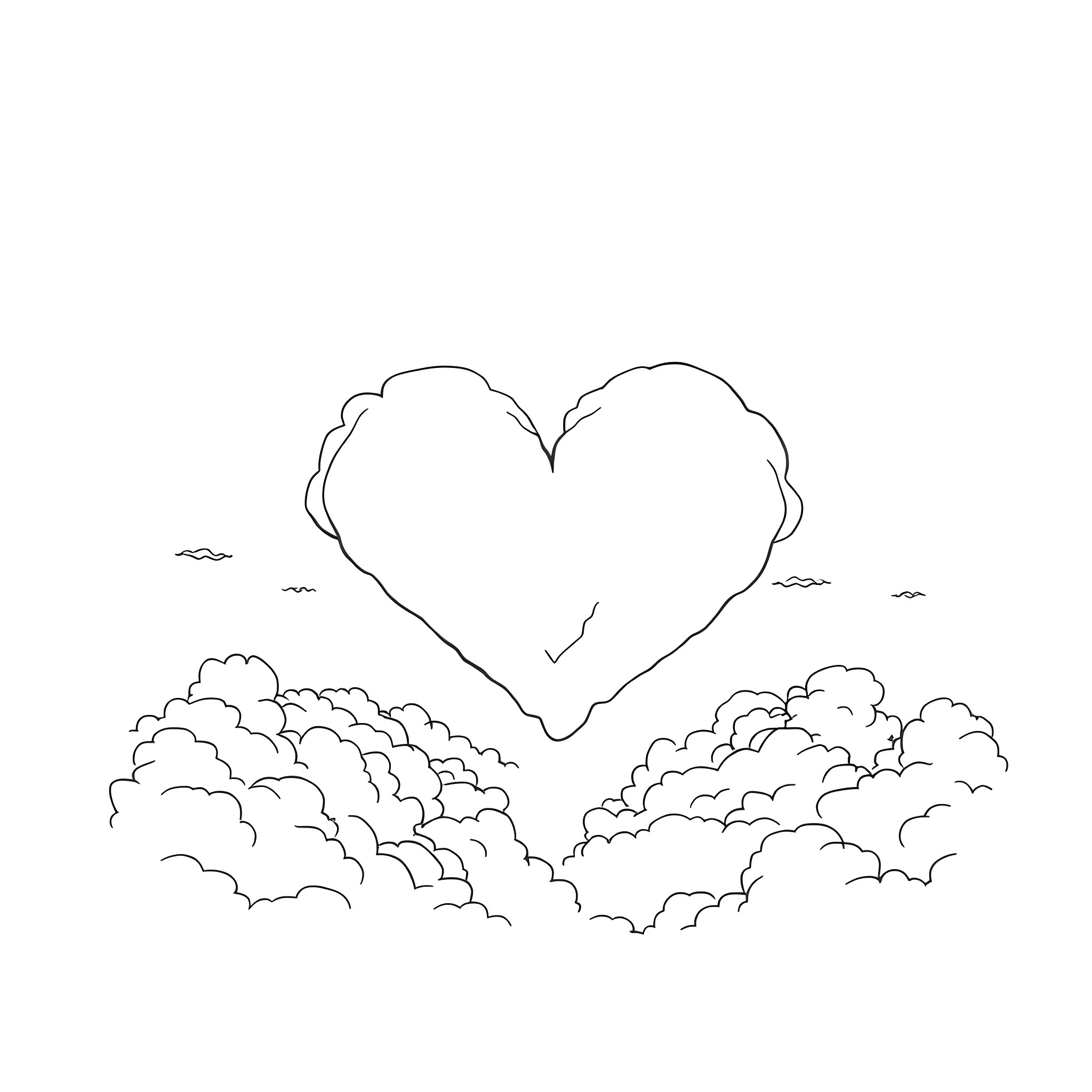 Heart-shaped cloud in the sky Coloring Page (free black-and-white line drawing printable PDF for all, from beginners to advanced learners, including children, teens, adults, and seniors)