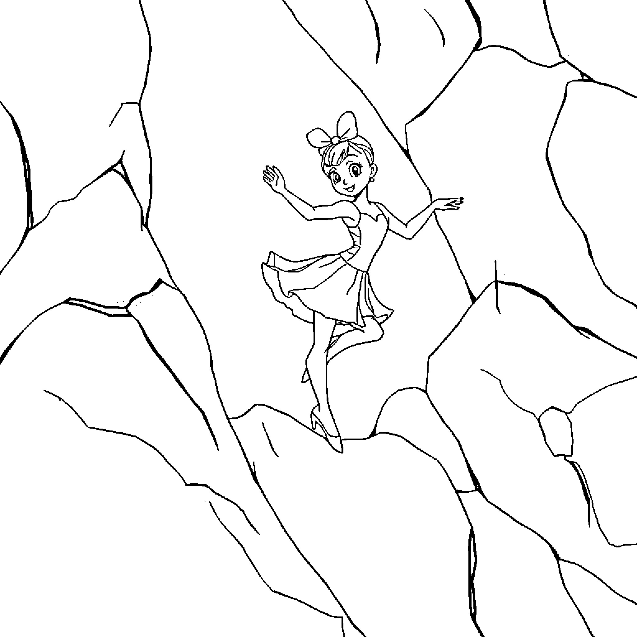 Bouldering female figure on rocky terrain Coloring Page (free black-and-white line drawing printable PDF for all, from beginners to advanced learners, including children, teens, adults, and seniors)