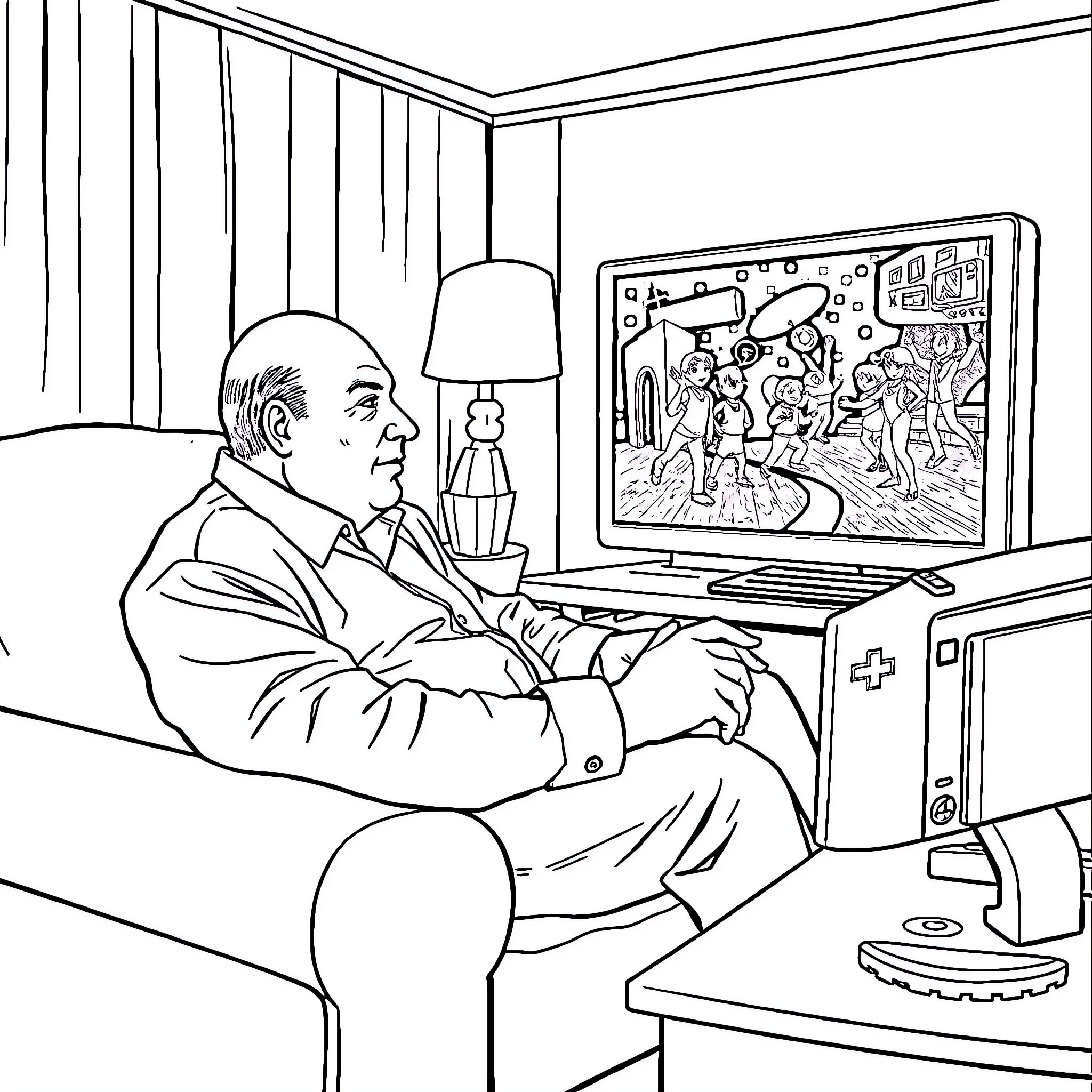 Dr. Phil contemplating life on his TV screen Coloring Page (free black-and-white line drawing printable PDF for all, from beginners to advanced learners, including children, teens, adults, and seniors)