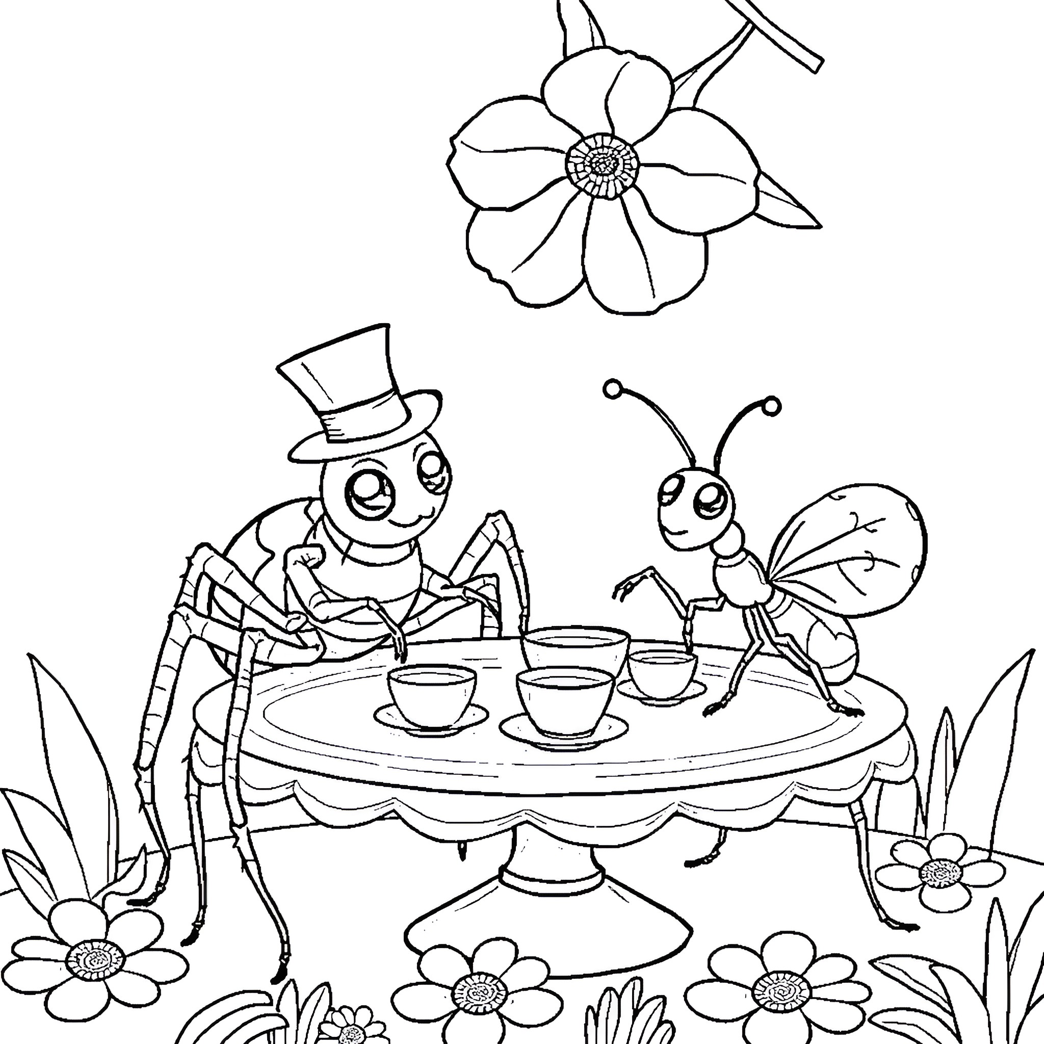 Spider-themed characters enjoying tea party in garden Coloring Page (free black-and-white line drawing printable PDF for all, from beginners to advanced learners, including children, teens, adults, and seniors)