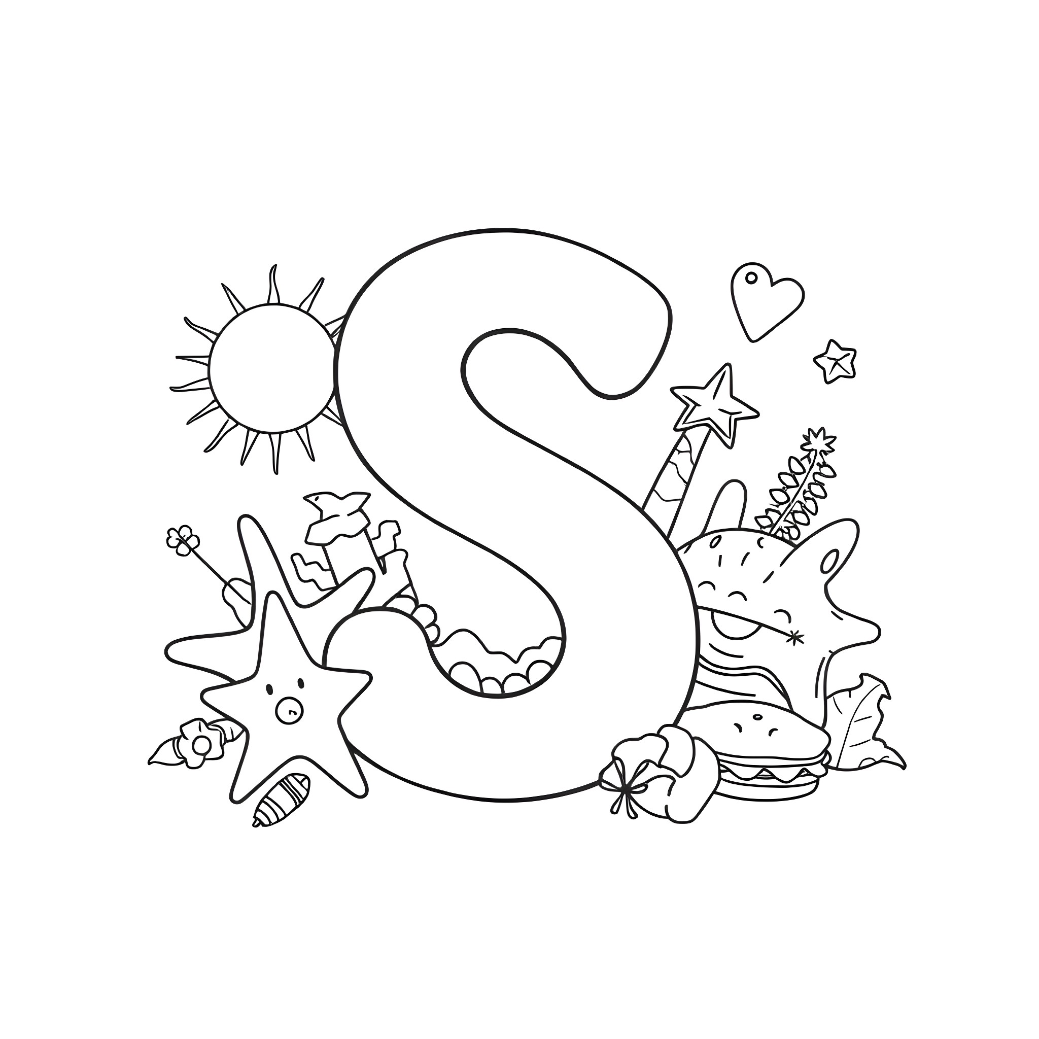 Letter S with Vibrant Sea Creatures Coloring Page (free black-and-white line drawing printable PDF for all, from beginners to advanced learners, including children, teens, adults, and seniors)
