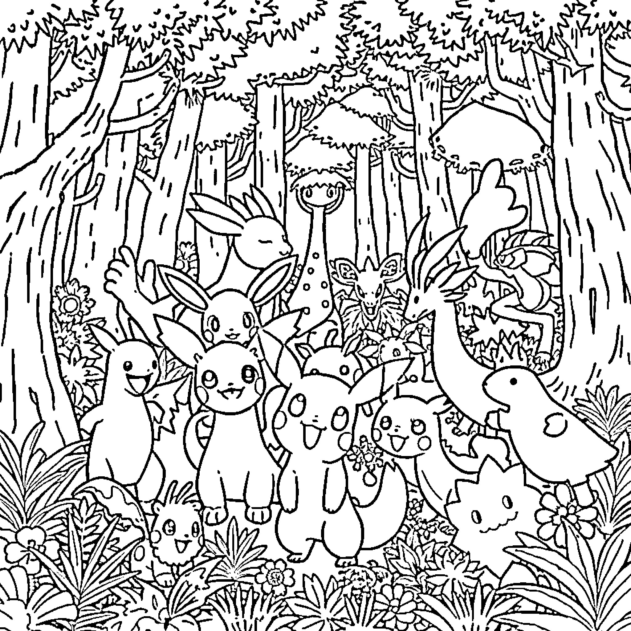 Pokémon characters exploring the magical forest landscape Coloring Page (free black-and-white line drawing printable PDF for all, from beginners to advanced learners, including children, teens, adults, and seniors)