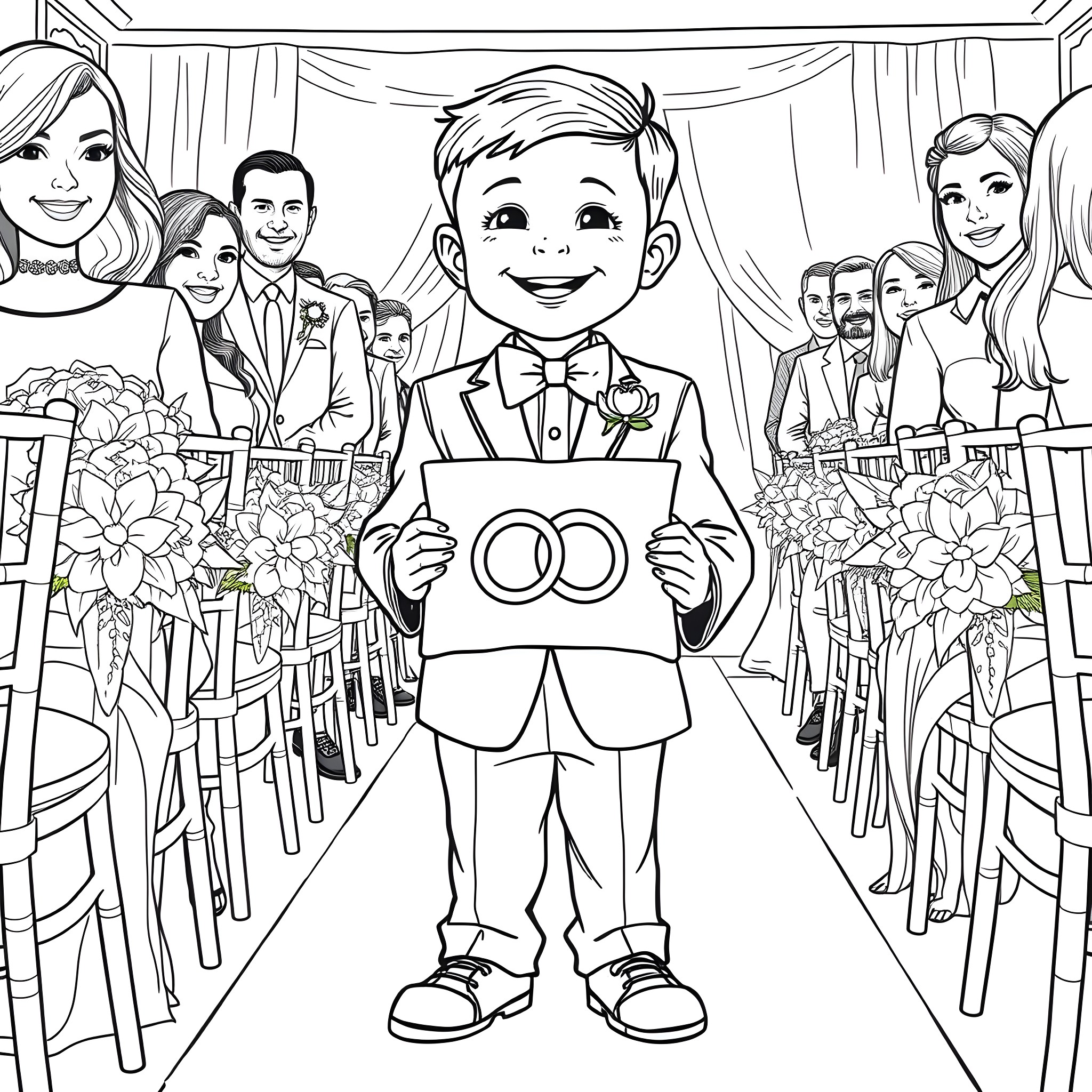 Ring Boy Holding Wedding Rings at Ceremony Coloring Page (free black-and-white line drawing printable PDF for all, from beginners to advanced learners, including children, teens, adults, and seniors)