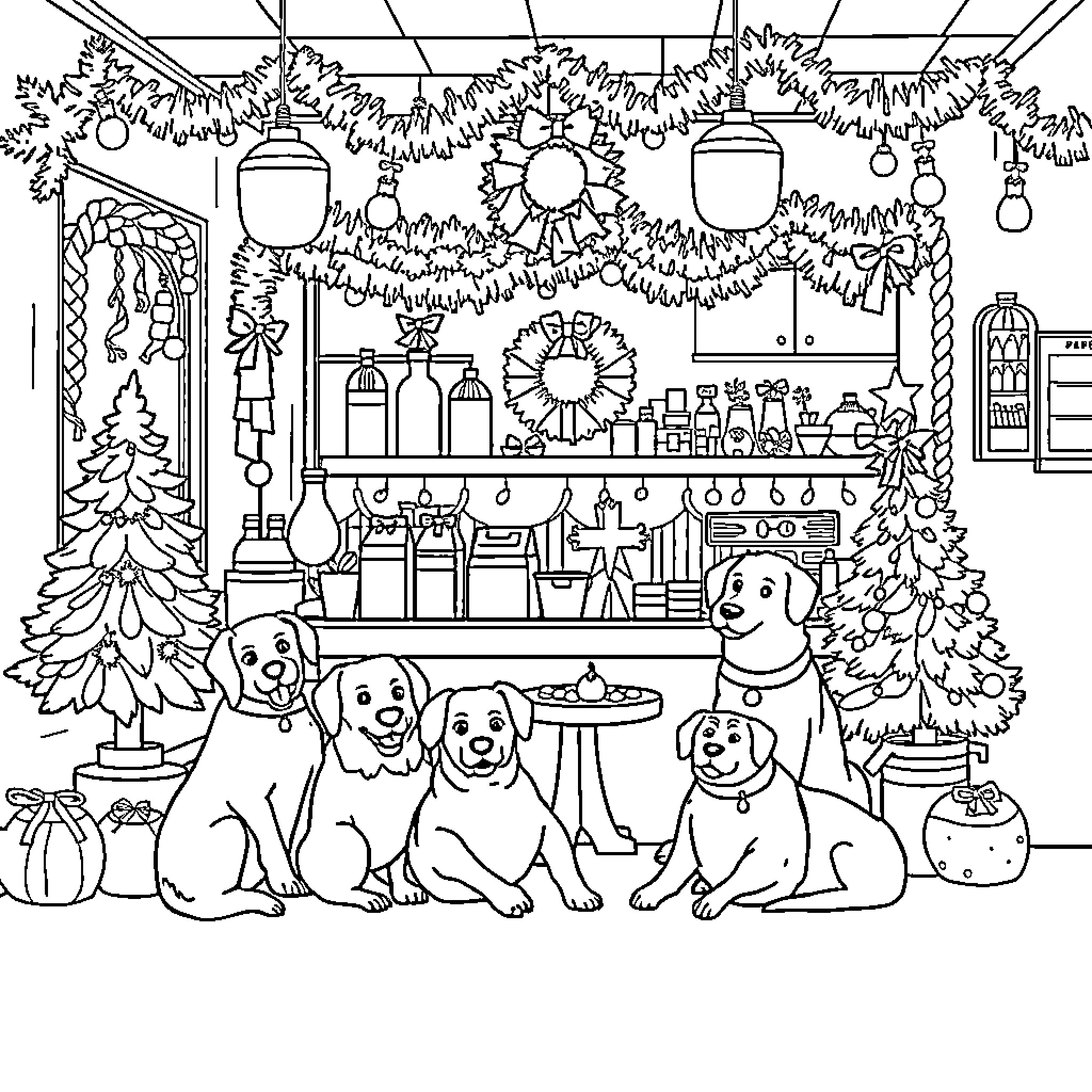 Dogs Enjoying the Festive Holiday Decor Coloring Page (free black-and-white line drawing printable PDF for all, from beginners to advanced learners, including children, teens, adults, and seniors)