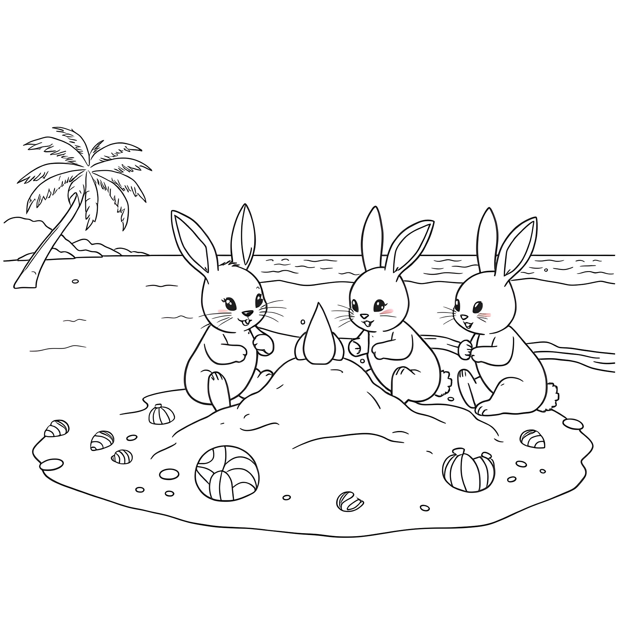 Bunny friends enjoying a beach day Coloring Page (free black-and-white line drawing printable PDF for all, from beginners to advanced learners, including children, teens, adults, and seniors)