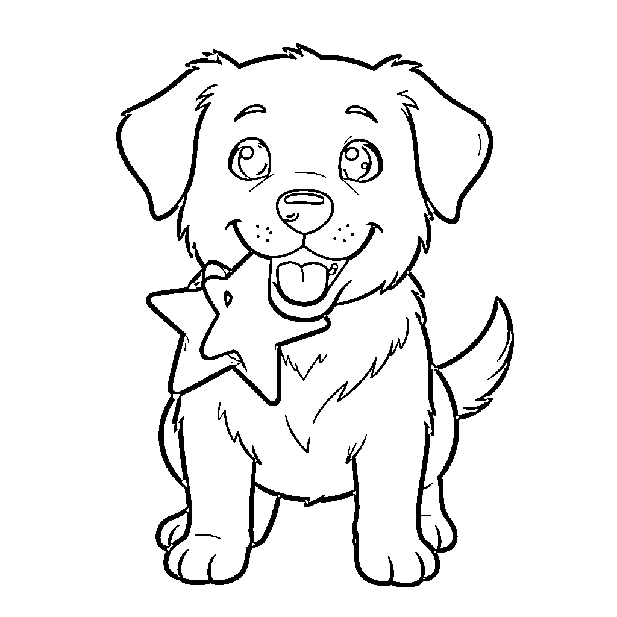 Dog smiling while holding a star-shaped toy Coloring Page (free black-and-white line drawing printable PDF for all, from beginners to advanced learners, including children, teens, adults, and seniors)