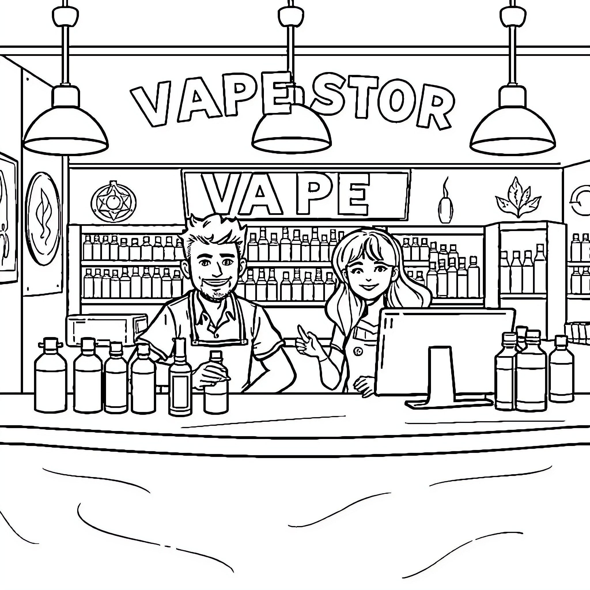 Vape Shop Employee Assisting Customers Coloring Page (free black-and-white line drawing printable PDF for all, from beginners to advanced learners, including children, teens, adults, and seniors)