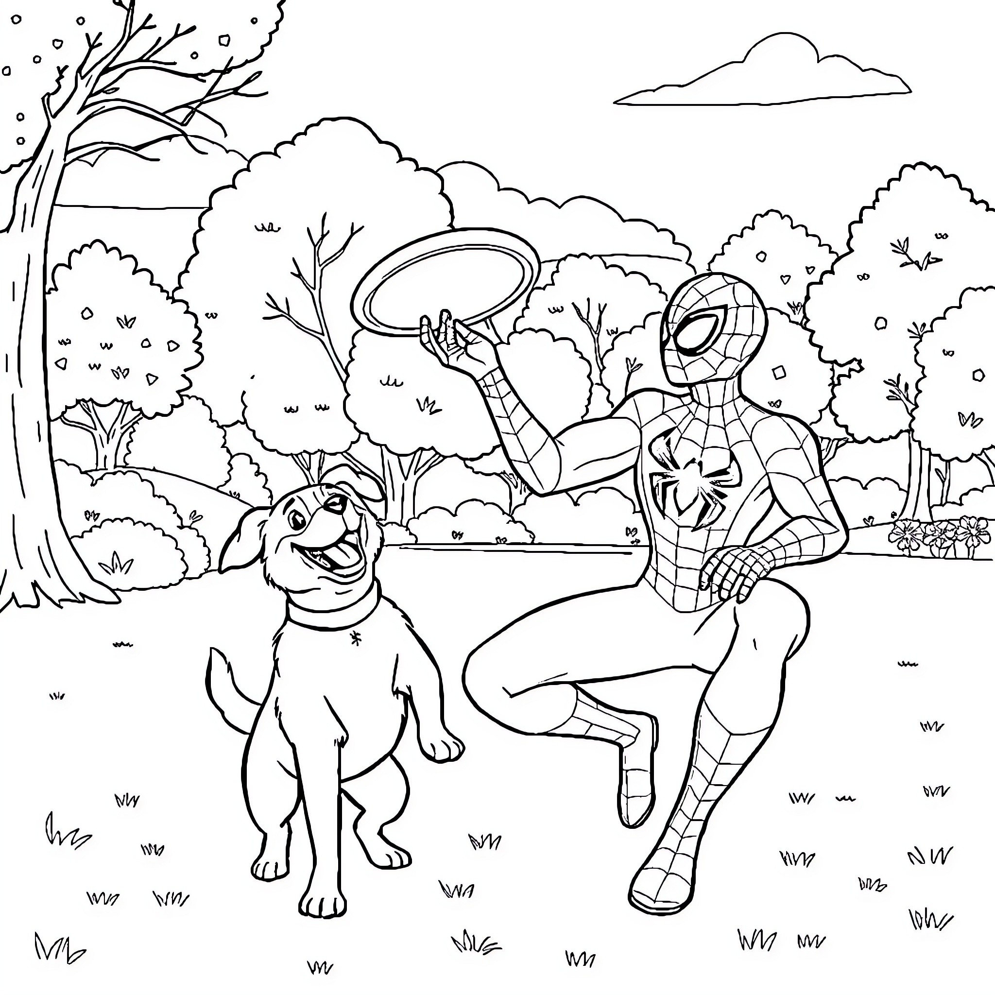 Spiderman playing with a dog in the park Coloring Page (free black-and-white line drawing printable PDF for all, from beginners to advanced learners, including children, teens, adults, and seniors)