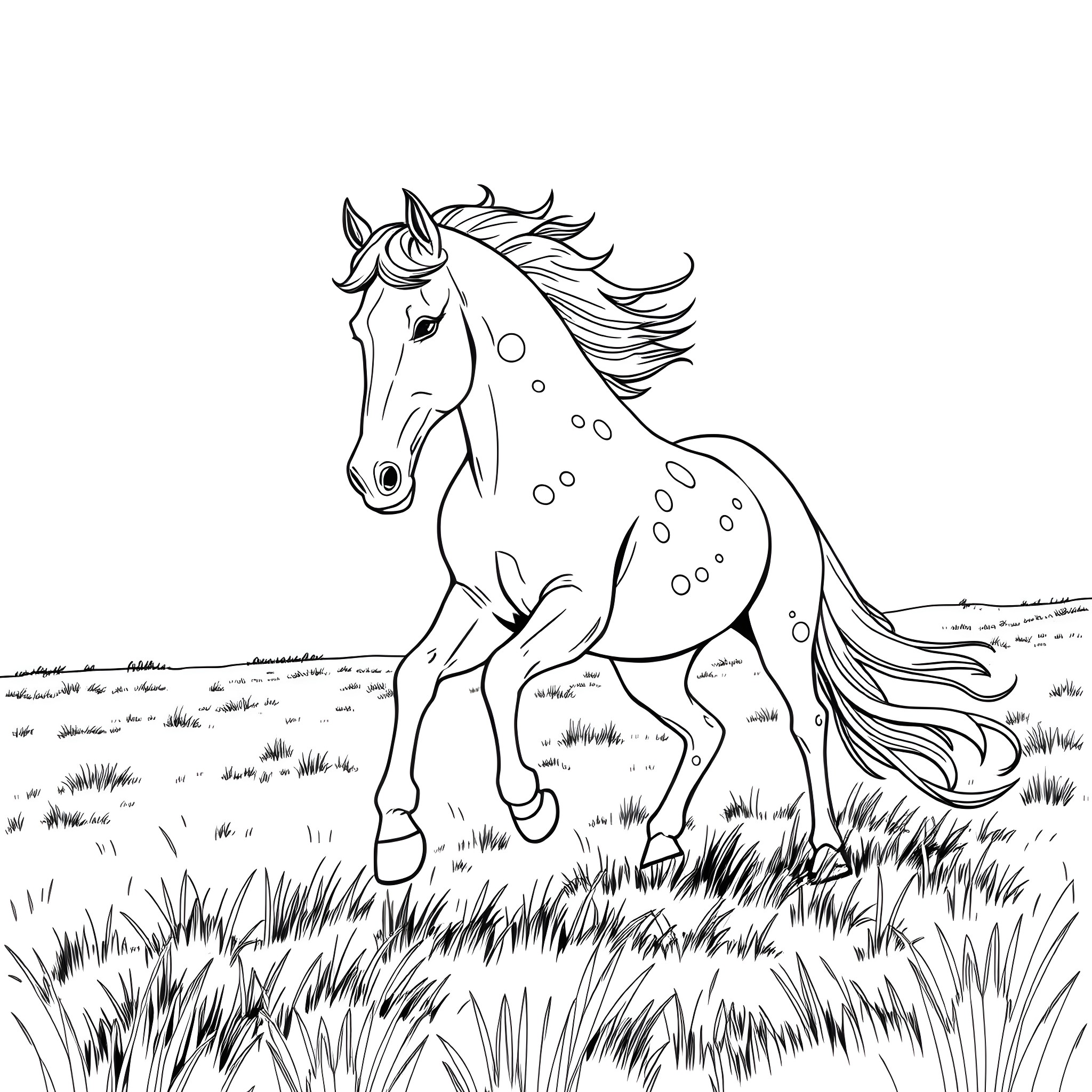 Horse galloping through the meadow Coloring Page (free black-and-white line drawing printable PDF for all, from beginners to advanced learners, including children, teens, adults, and seniors)