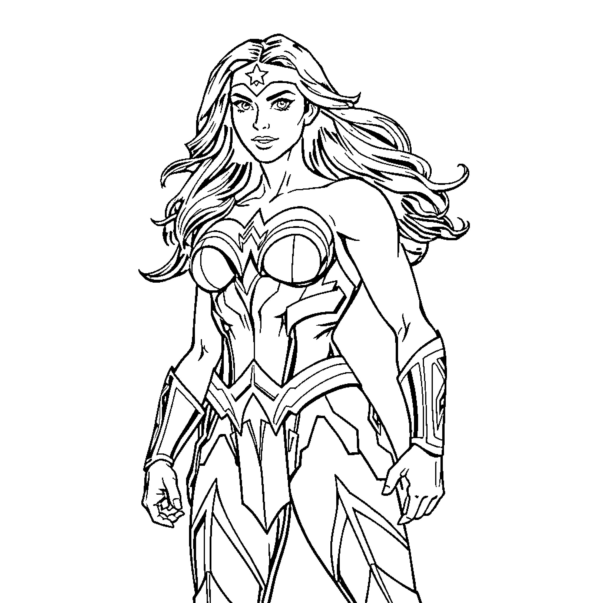 Wonder Woman in action pose with heroic outfit Coloring Page (free black-and-white line drawing printable PDF for all, from beginners to advanced learners, including children, teens, adults, and seniors)