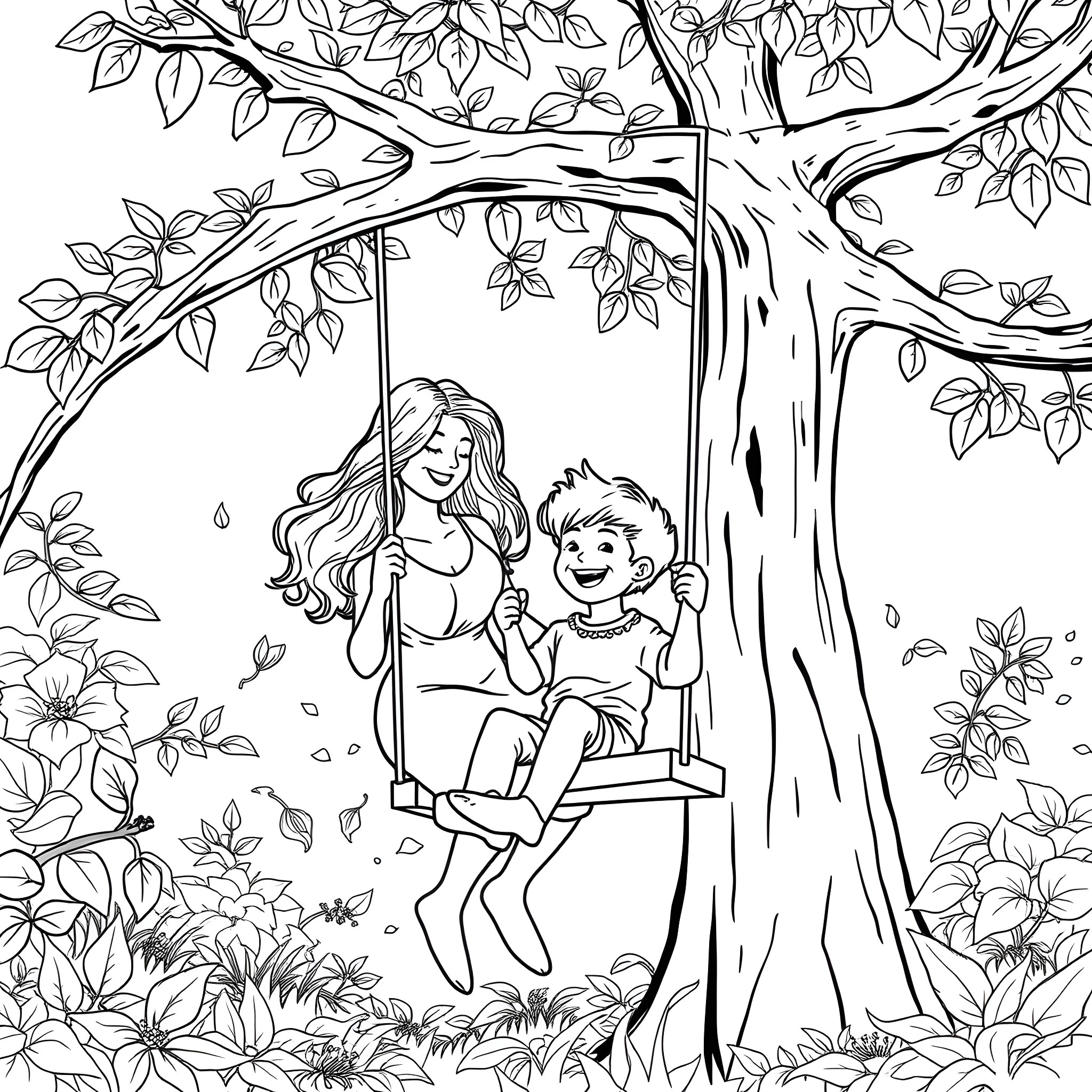 Mom spending quality time with her child on a swing under a tree Coloring Page (free black-and-white line drawing printable PDF for all, from beginners to advanced learners, including children, teens, adults, and seniors)