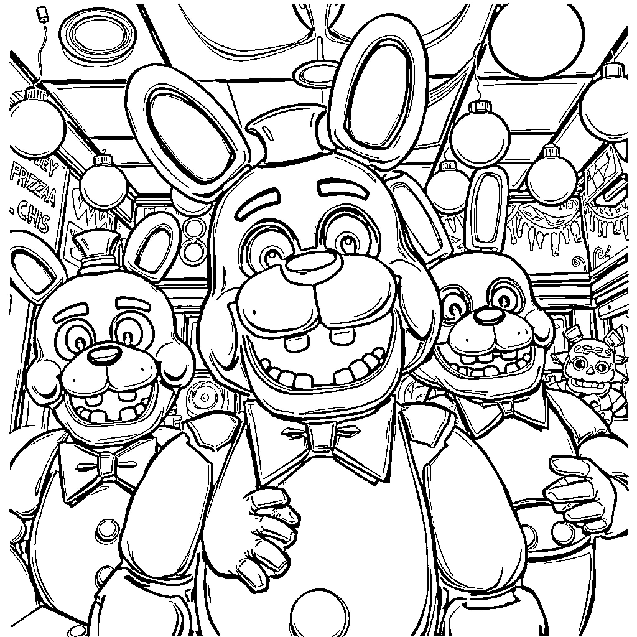 Five Nights At Freddy's - Animatronic Characters in Chaotic Setting Coloring Page (free black-and-white line drawing printable PDF for all, from beginners to advanced learners, including children, teens, adults, and seniors)