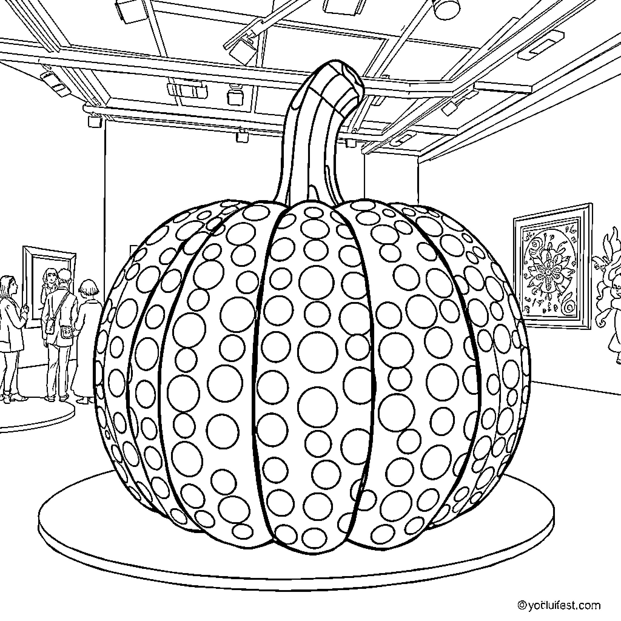 Pumpkin sculpture displayed in art gallery Coloring Page (free black-and-white line drawing printable PDF for all, from beginners to advanced learners, including children, teens, adults, and seniors)