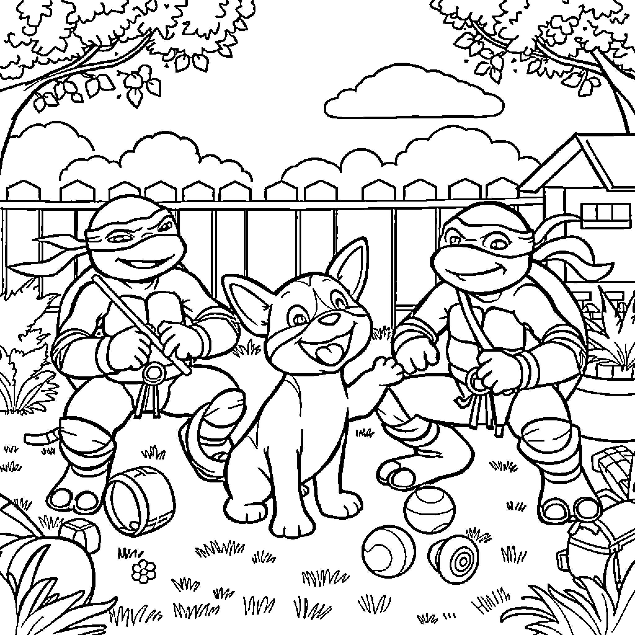 Ninja Turtle Characters Enjoying Backyard Playtime Coloring Page (free black-and-white line drawing printable PDF for all, from beginners to advanced learners, including children, teens, adults, and seniors)