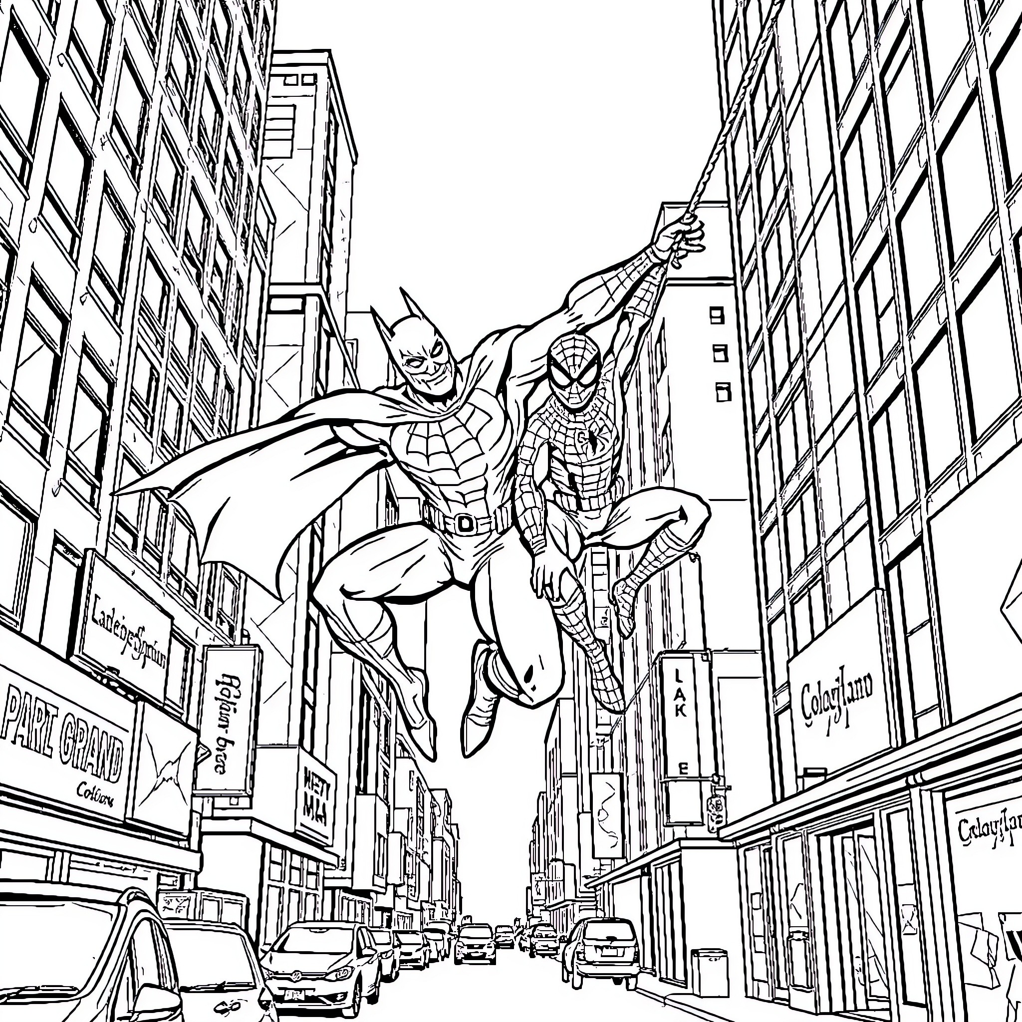 Batman and Spider-Man soaring through the city Coloring Page (free black-and-white line drawing printable PDF for all, from beginners to advanced learners, including children, teens, adults, and seniors)