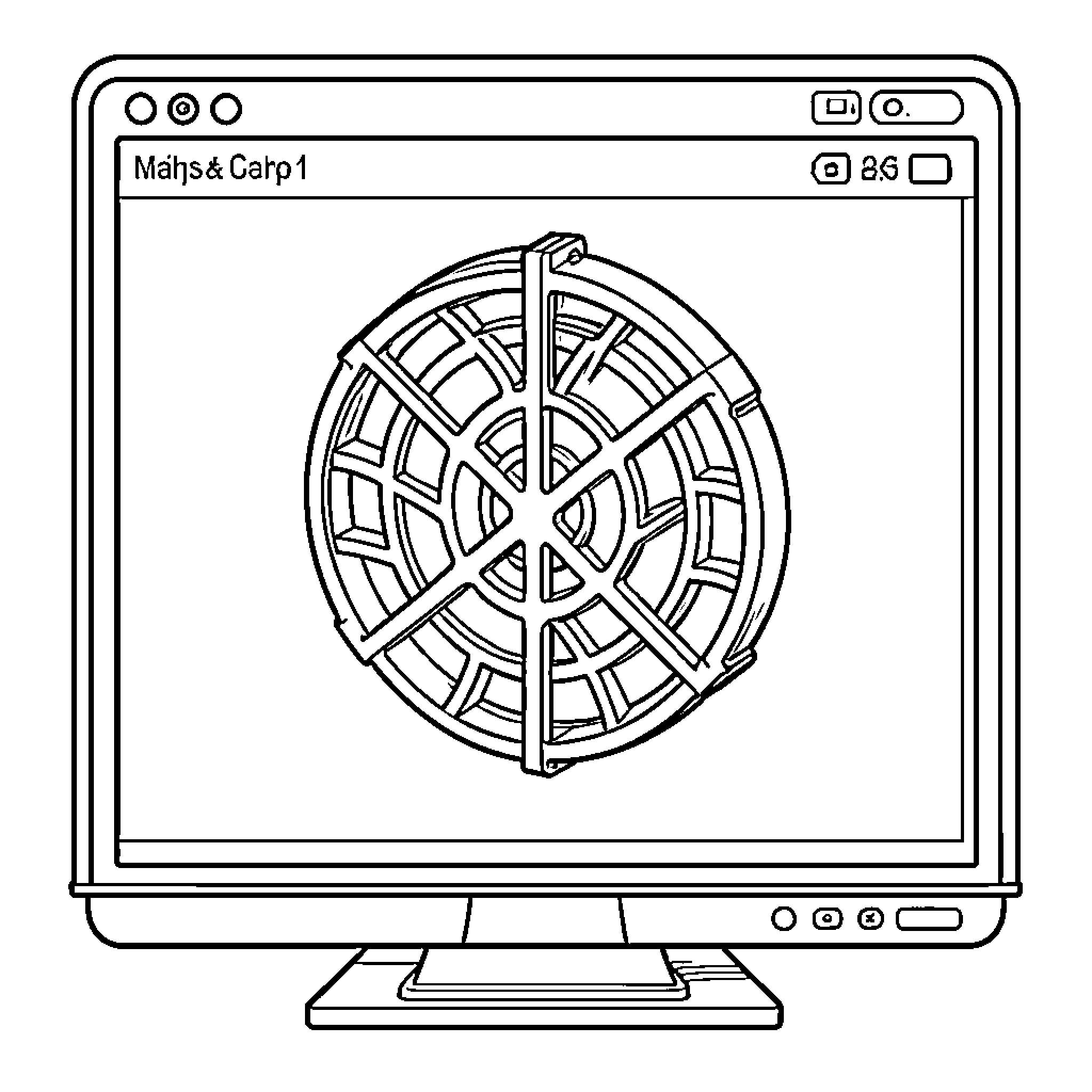 Reticule displaying a mechanical fan on a computer screen Coloring Page (free black-and-white line drawing printable PDF for all, from beginners to advanced learners, including children, teens, adults, and seniors)