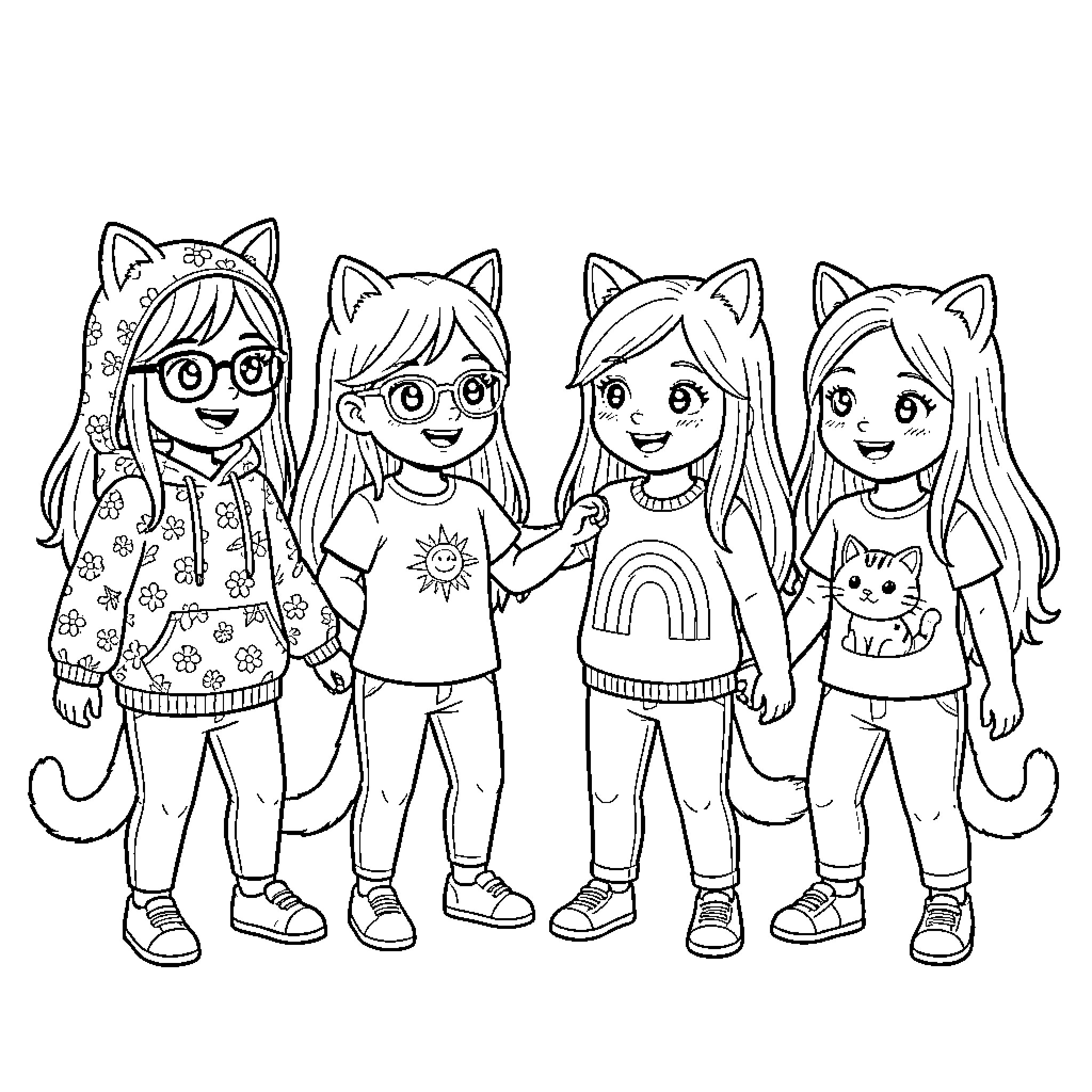 Fille characters playing together in the scene Coloring Page (free black-and-white line drawing printable PDF for all, from beginners to advanced learners, including children, teens, adults, and seniors)