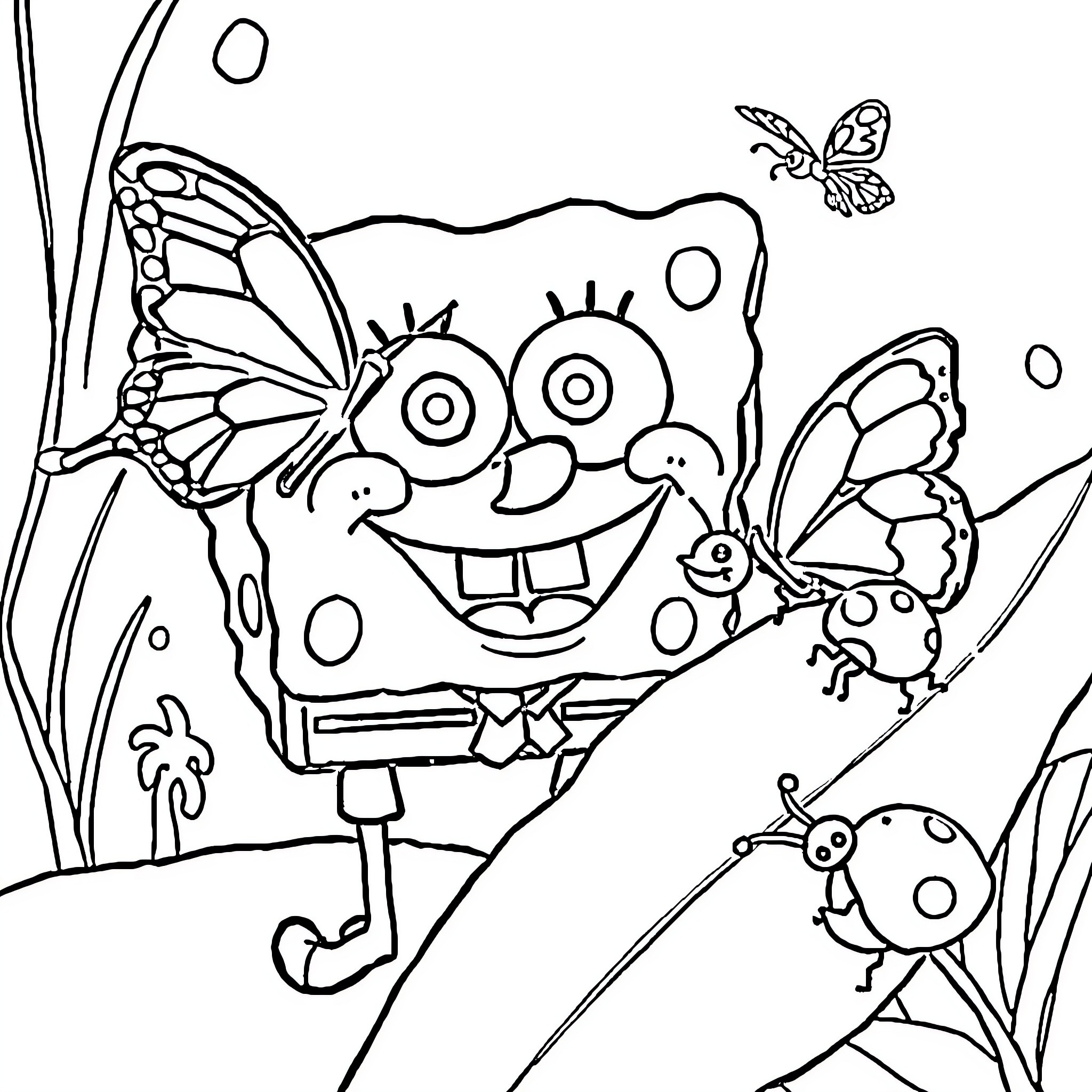 Sponge Bob plays happily with butterflies Coloring Page (free black-and-white line drawing printable PDF for all, from beginners to advanced learners, including children, teens, adults, and seniors)