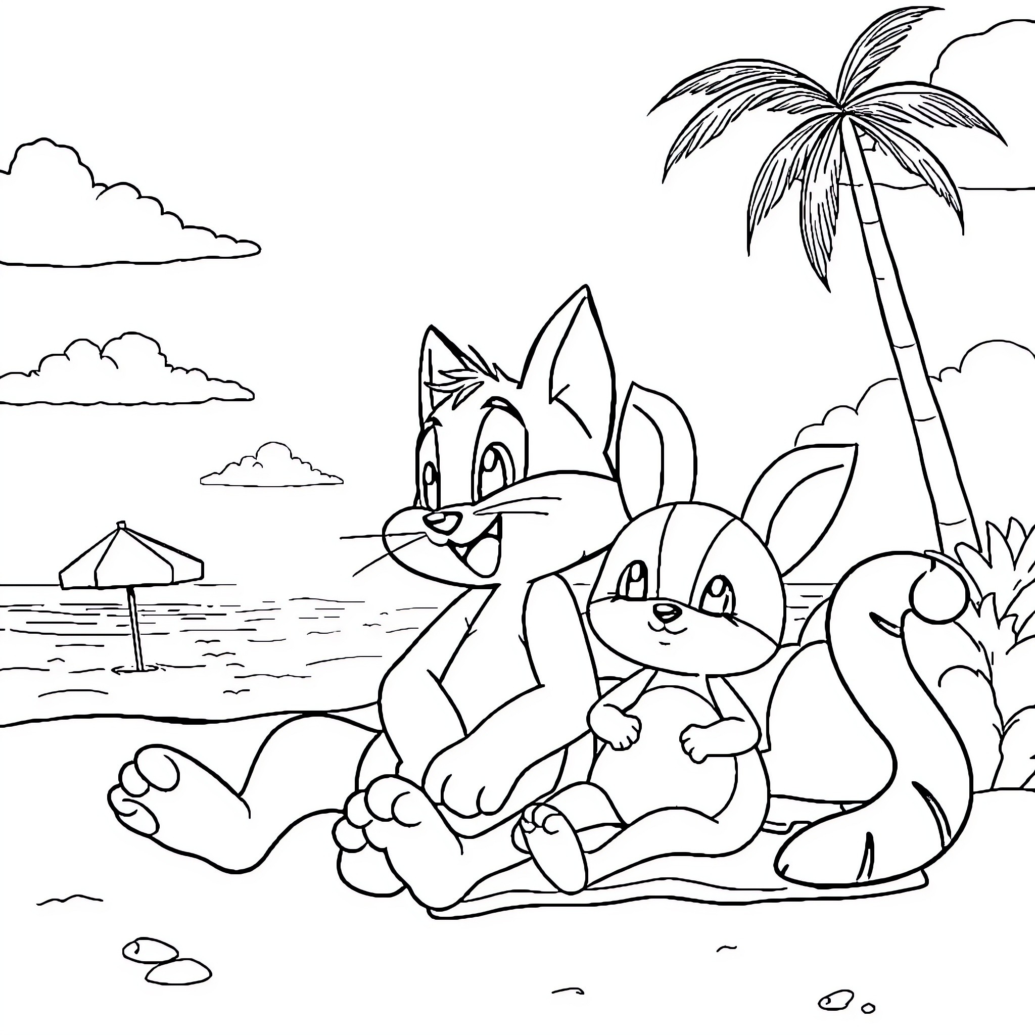 Tom Nook and Isabelle relaxing on the beach Coloring Page (free black-and-white line drawing printable PDF for all, from beginners to advanced learners, including children, teens, adults, and seniors)