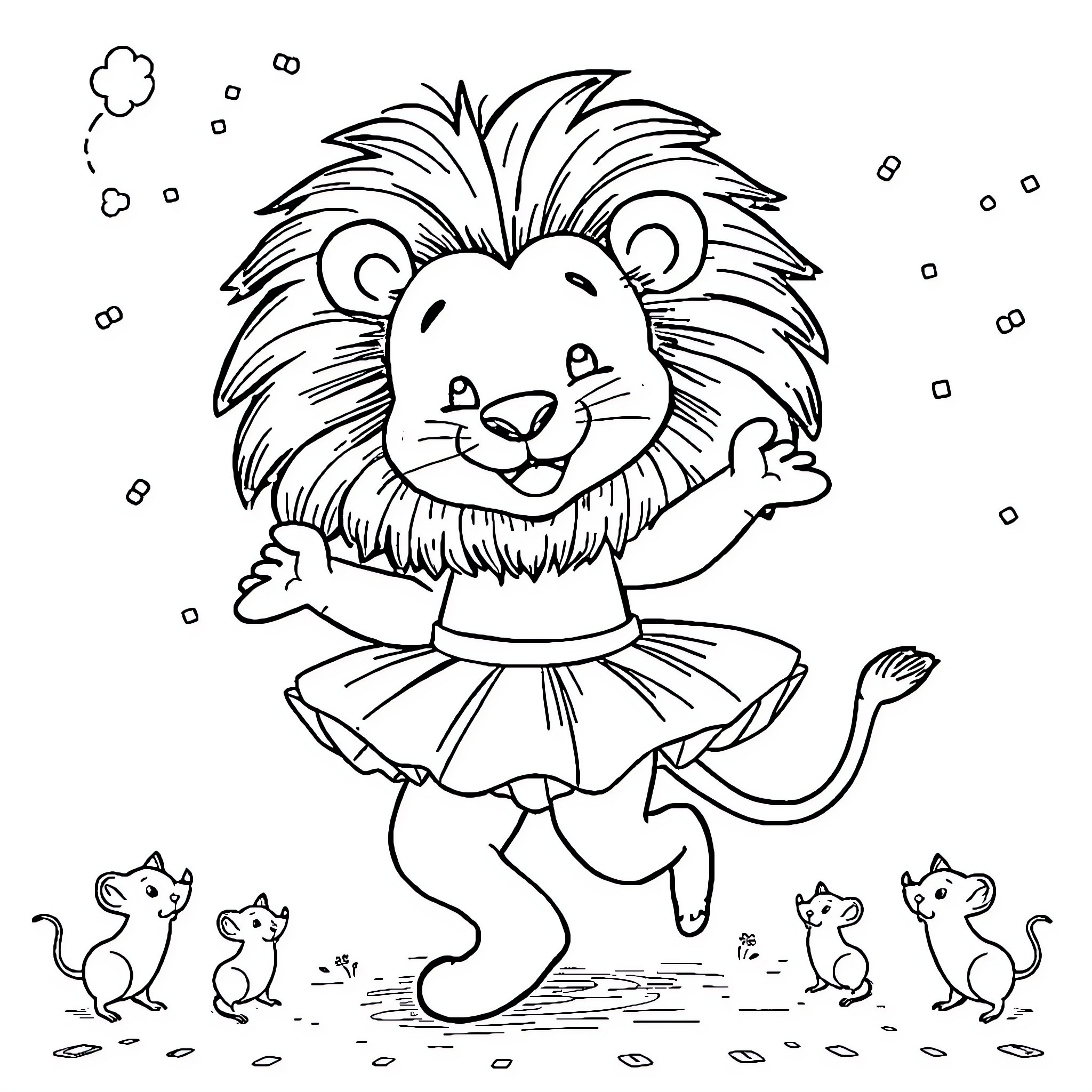 Lion dancing playfully with mice Coloring Page (free black-and-white line drawing printable PDF for all, from beginners to advanced learners, including children, teens, adults, and seniors)