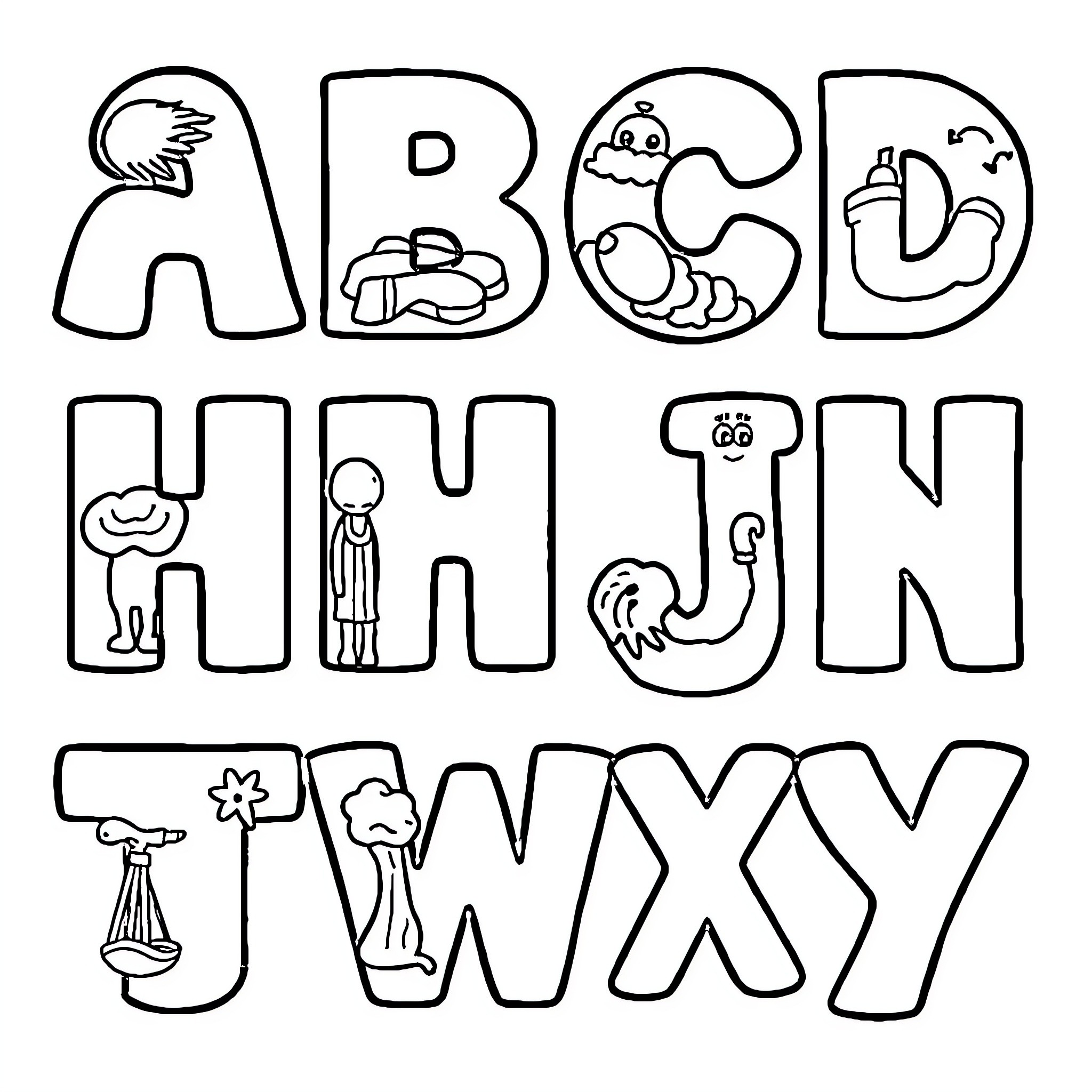 Alphabet of whimsical and playful illustrations Coloring Page (free black-and-white line drawing printable PDF for all, from beginners to advanced learners, including children, teens, adults, and seniors)