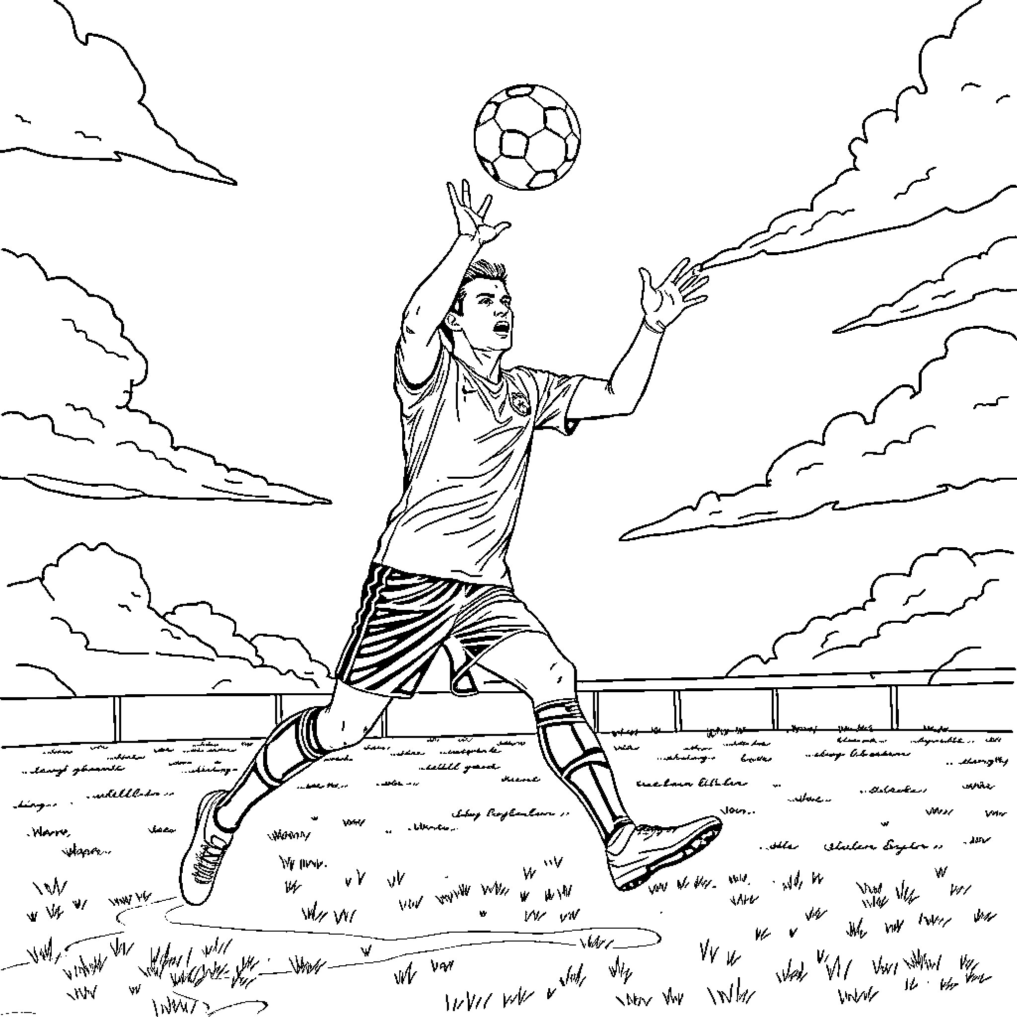Ronaldo's Triumphant Leap: Soccer Superstar in Action Coloring Page (free black-and-white line drawing printable PDF for all, from beginners to advanced learners, including children, teens, adults, and seniors)
