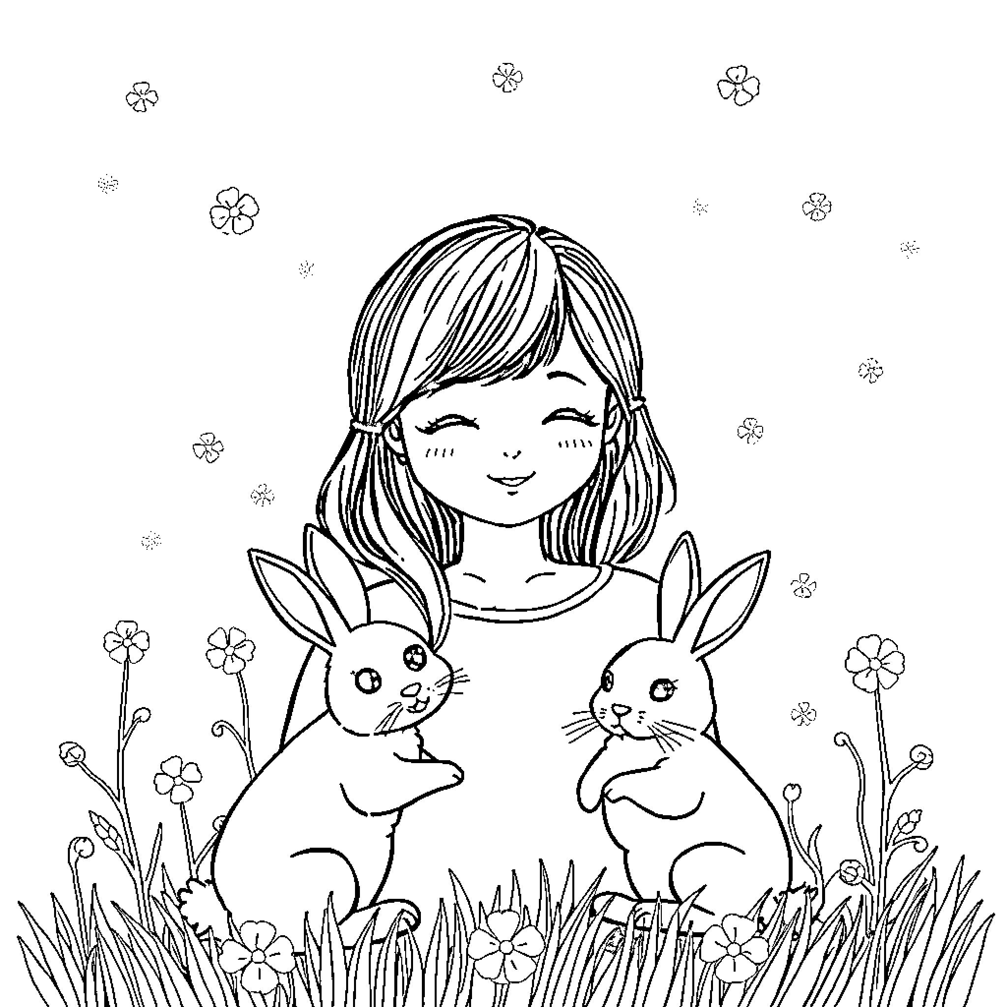 Bunny girl playing with cute bunnies in a meadow Coloring Page (free black-and-white line drawing printable PDF for all, from beginners to advanced learners, including children, teens, adults, and seniors)