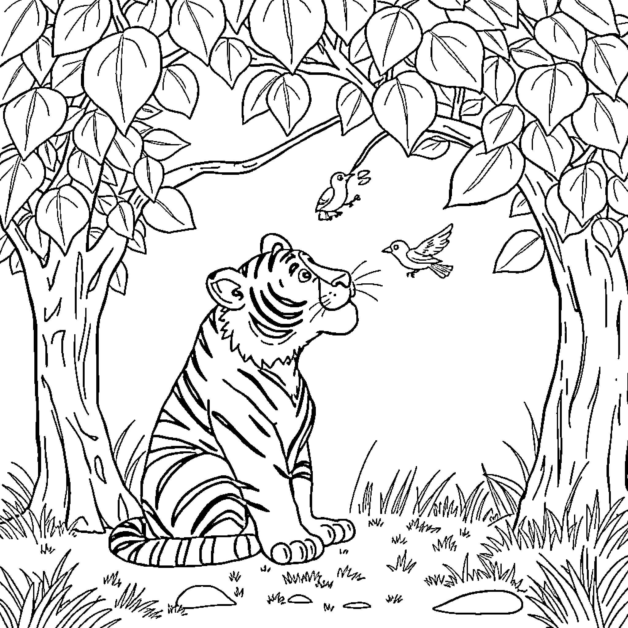 Tiger in the wild observing birds Coloring Page (free black-and-white line drawing printable PDF for all, from beginners to advanced learners, including children, teens, adults, and seniors)