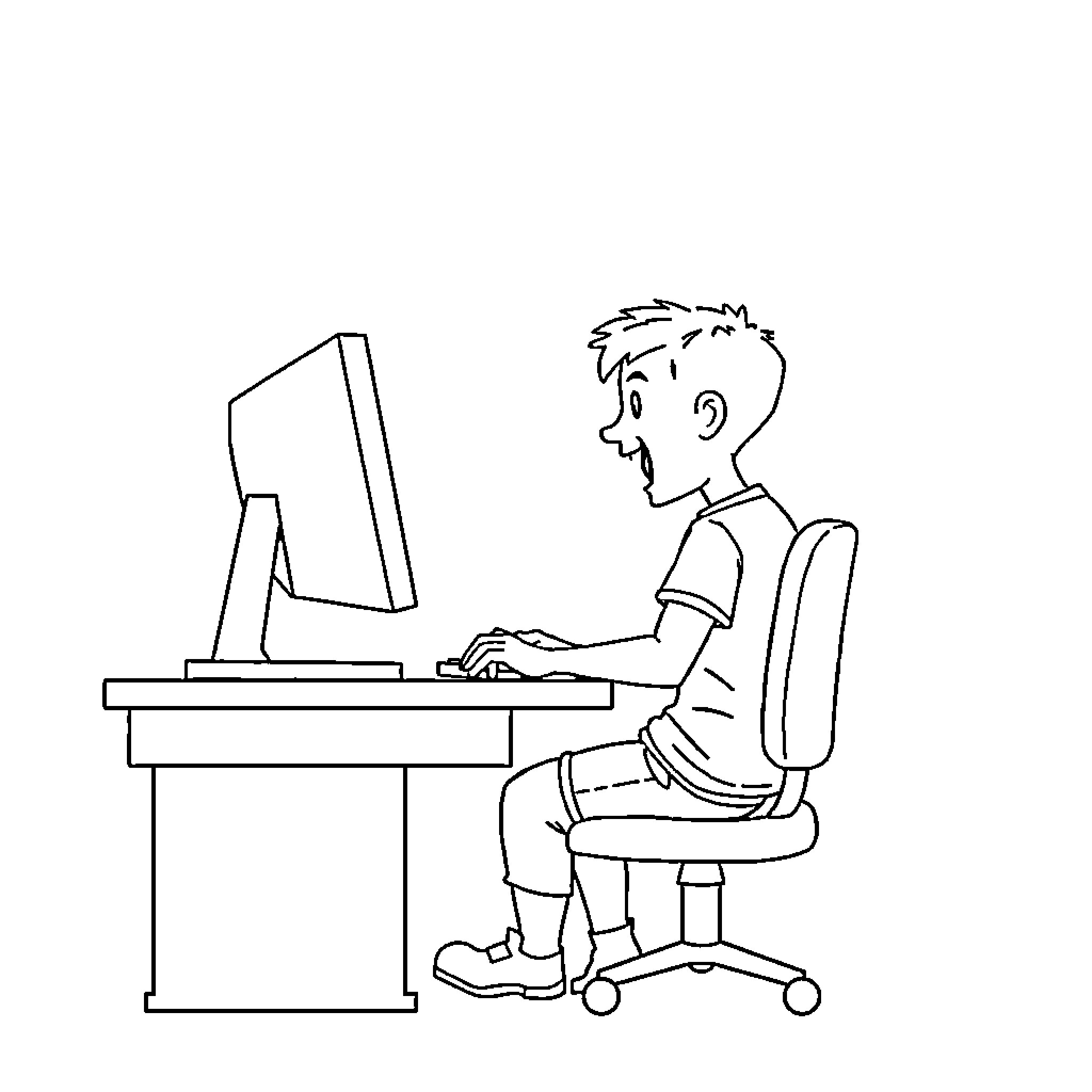 Boy working intently on computer Coloring Page (free black-and-white line drawing printable PDF for all, from beginners to advanced learners, including children, teens, adults, and seniors)