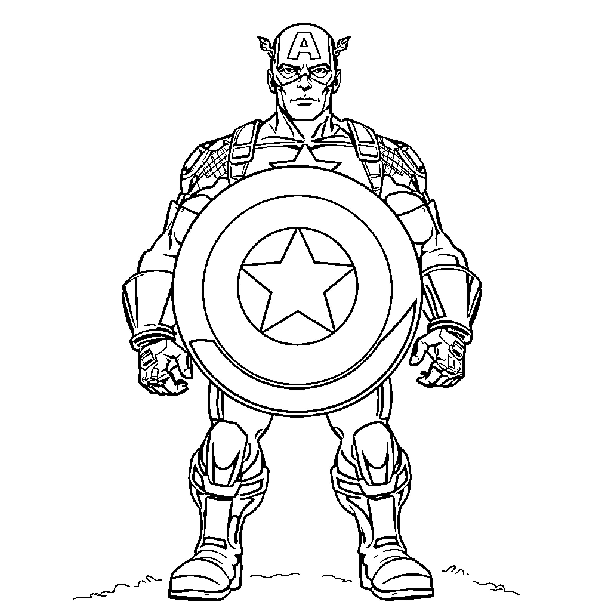 Captain America Heroic Stance with Shield Coloring Page (free black-and-white line drawing printable PDF for all, from beginners to advanced learners, including children, teens, adults, and seniors)