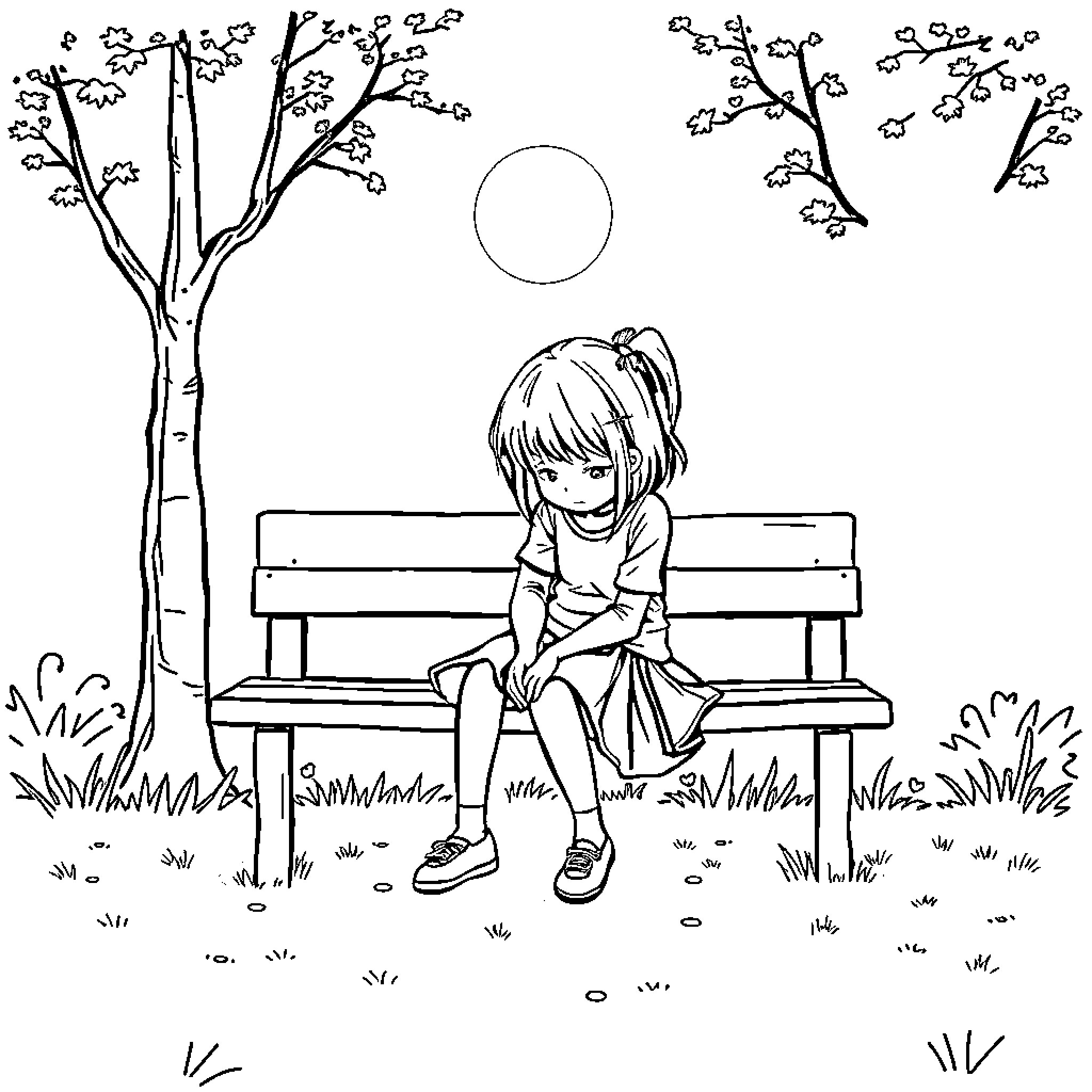 Girl sitting alone on a park bench Coloring Page (free black-and-white line drawing printable PDF for all, from beginners to advanced learners, including children, teens, adults, and seniors)