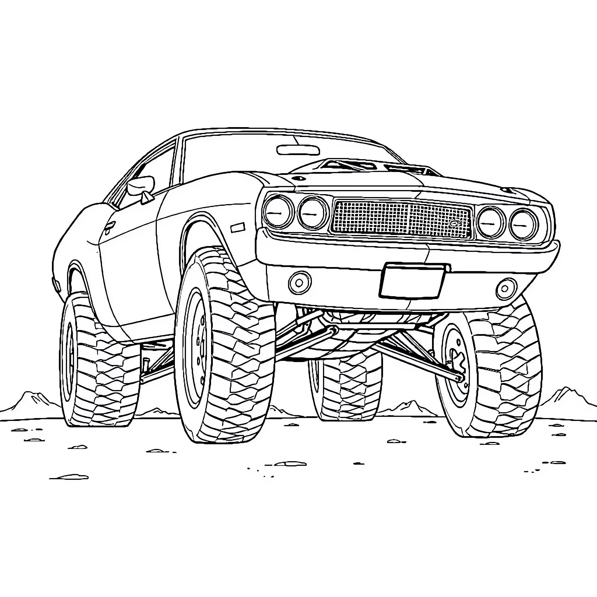 Muscle Car Exploring Rugged Terrain Coloring Page (free black-and-white line drawing printable PDF for all, from beginners to advanced learners, including children, teens, adults, and seniors)