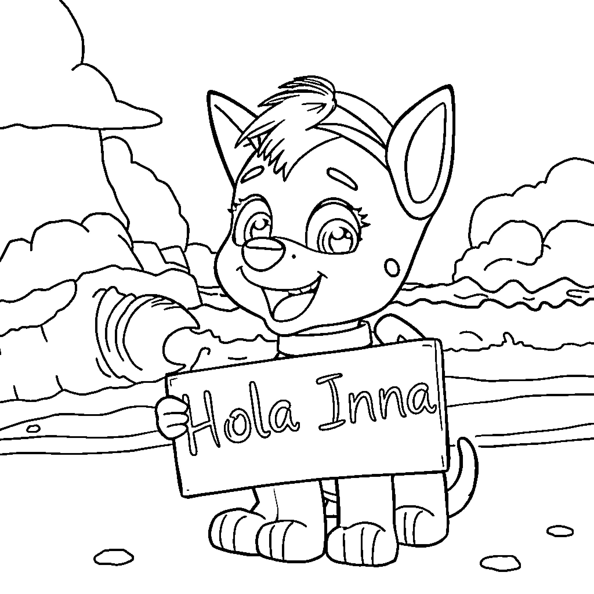 Sky Puppy waving 'Hola Ina' in the countryside Coloring Page (free black-and-white line drawing printable PDF for all, from beginners to advanced learners, including children, teens, adults, and seniors)