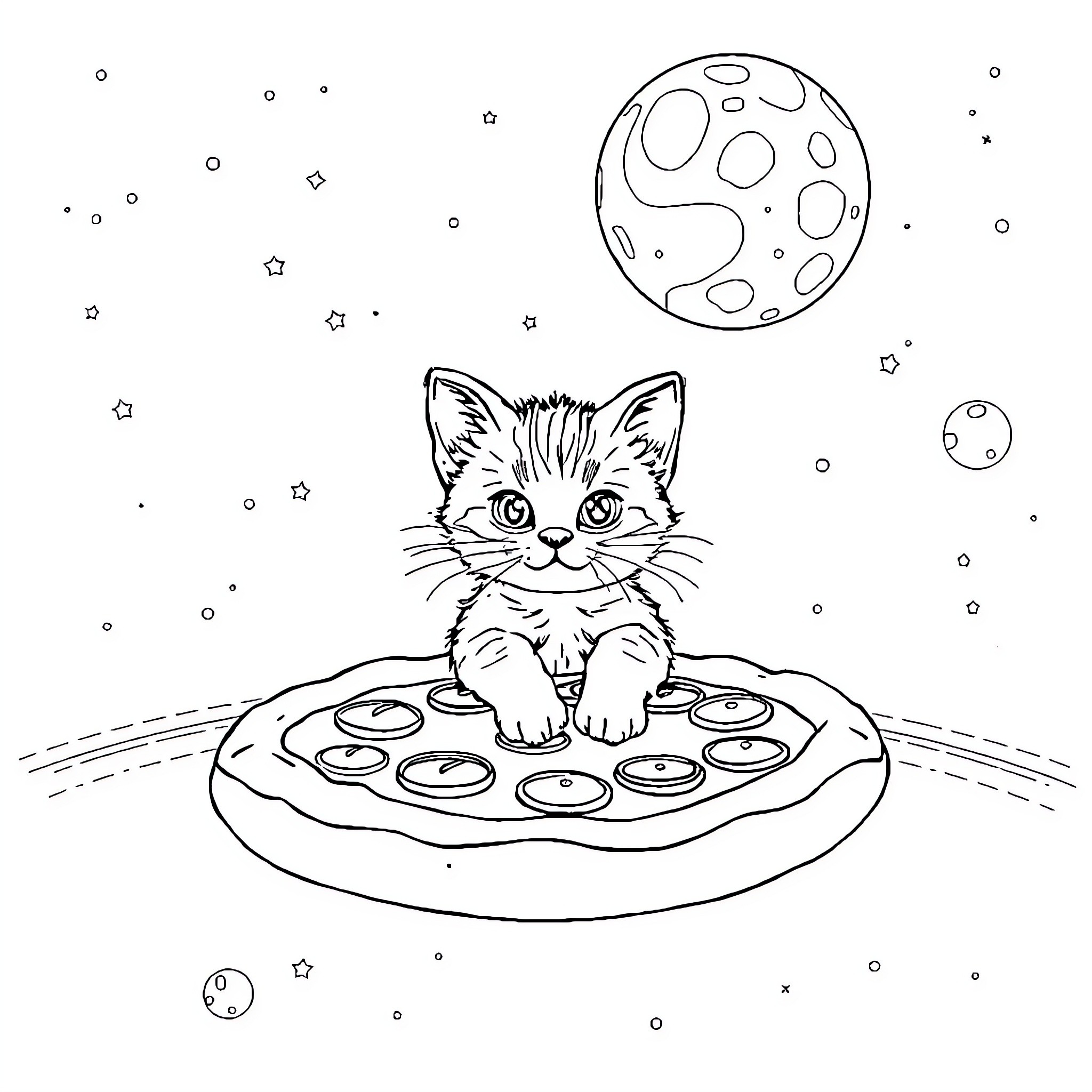 Cat enjoying a starry night and pizza Coloring Page (free black-and-white line drawing printable PDF for all, from beginners to advanced learners, including children, teens, adults, and seniors)