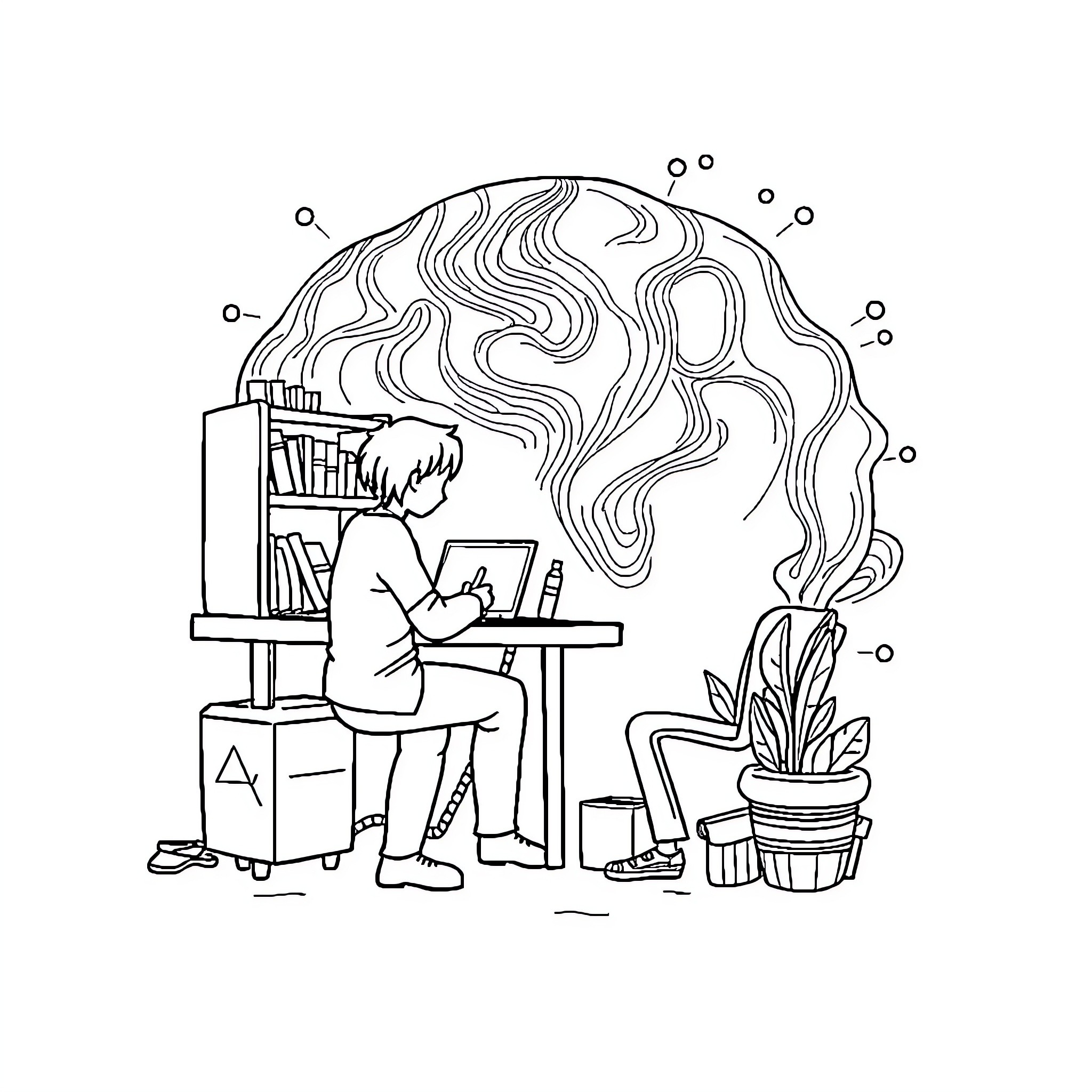 Work Immersed in Creativity at Desk Coloring Page (free black-and-white line drawing printable PDF for all, from beginners to advanced learners, including children, teens, adults, and seniors)