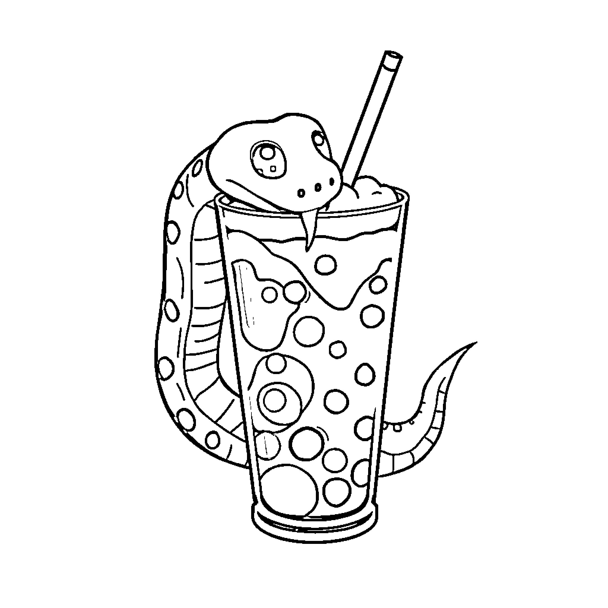 Snake Enjoying a Refreshing Beverage Coloring Page (free black-and-white line drawing printable PDF for all, from beginners to advanced learners, including children, teens, adults, and seniors)