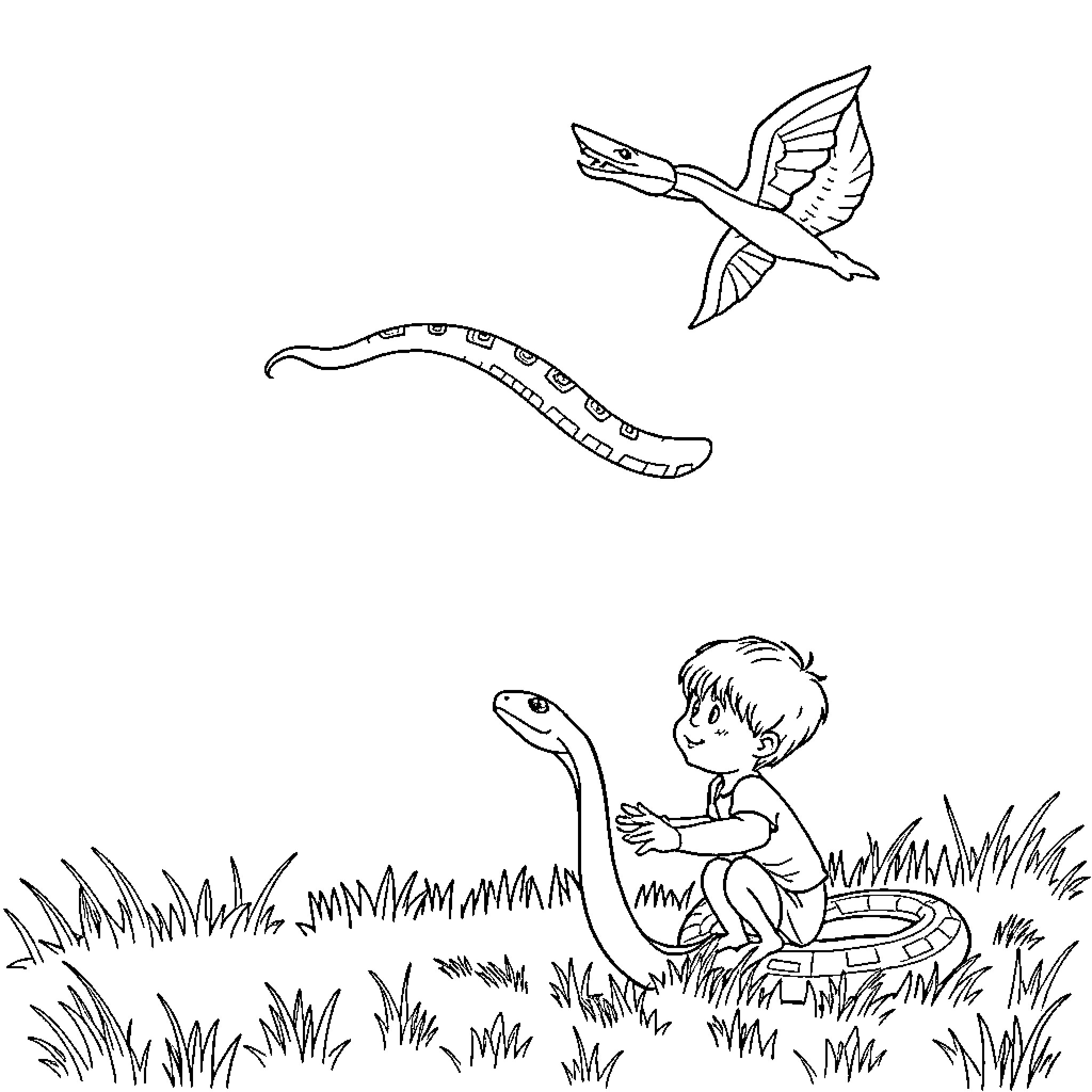 Boy exploring nature with birds and snake Coloring Page (free black-and-white line drawing printable PDF for all, from beginners to advanced learners, including children, teens, adults, and seniors)