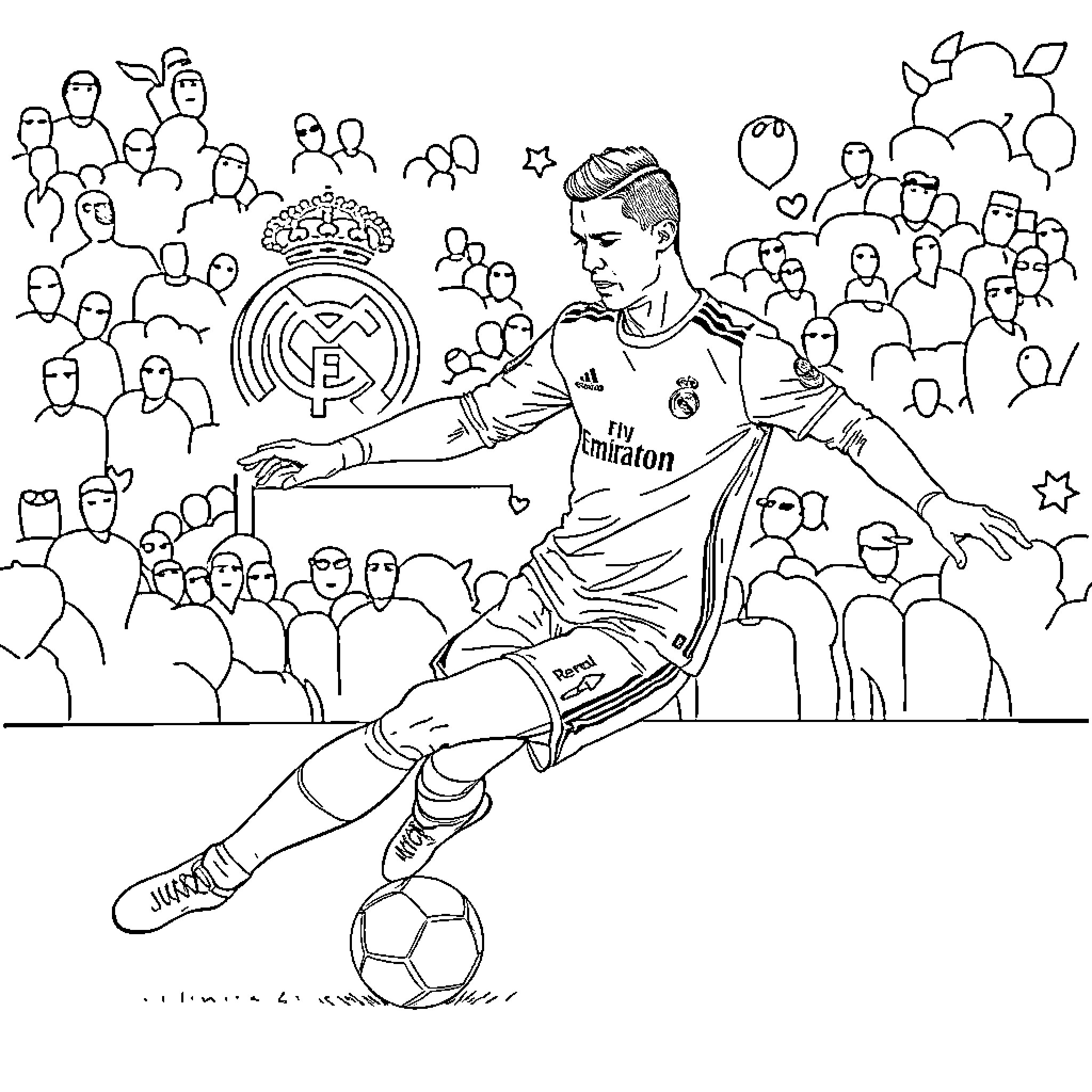 Cristiano Ronaldo Playing Football on the Field Coloring Page (free black-and-white line drawing printable PDF for all, from beginners to advanced learners, including children, teens, adults, and seniors)