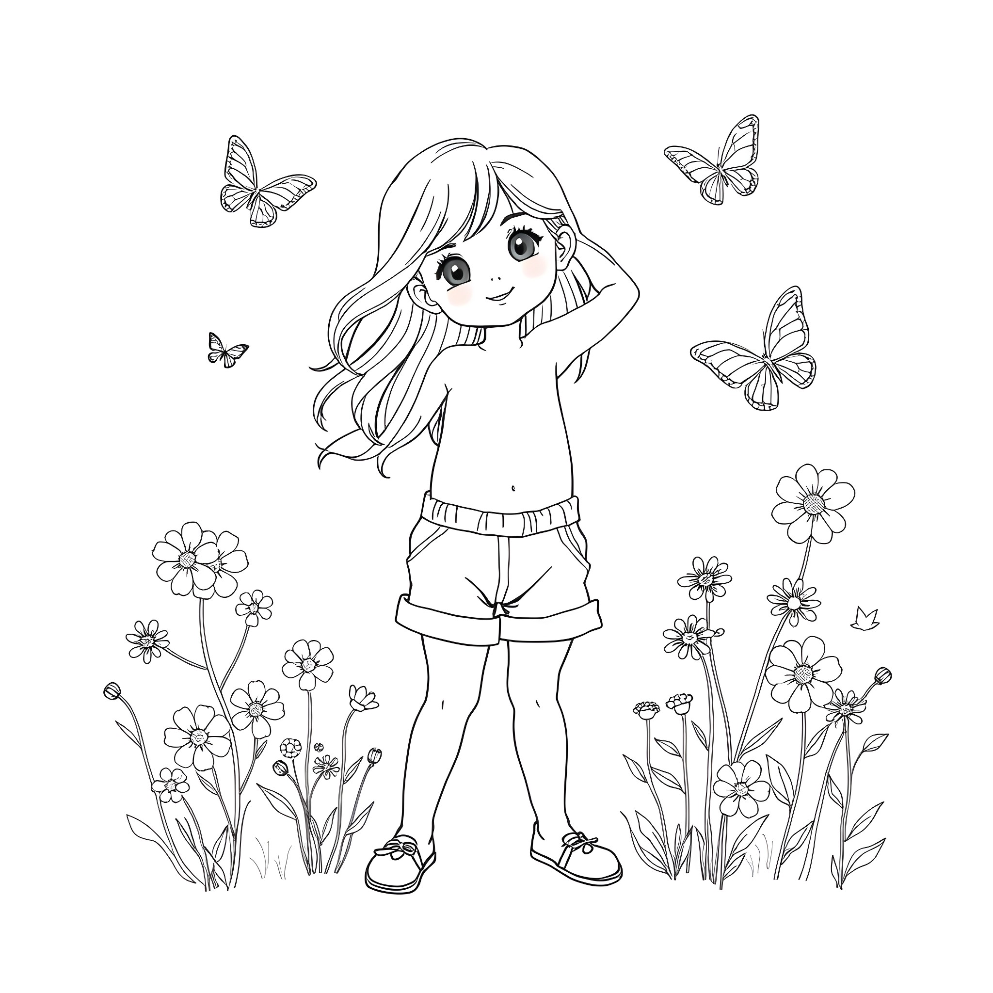 Girl enjoying nature with butterflies and flowers Coloring Page (free black-and-white line drawing printable PDF for all, from beginners to advanced learners, including children, teens, adults, and seniors)