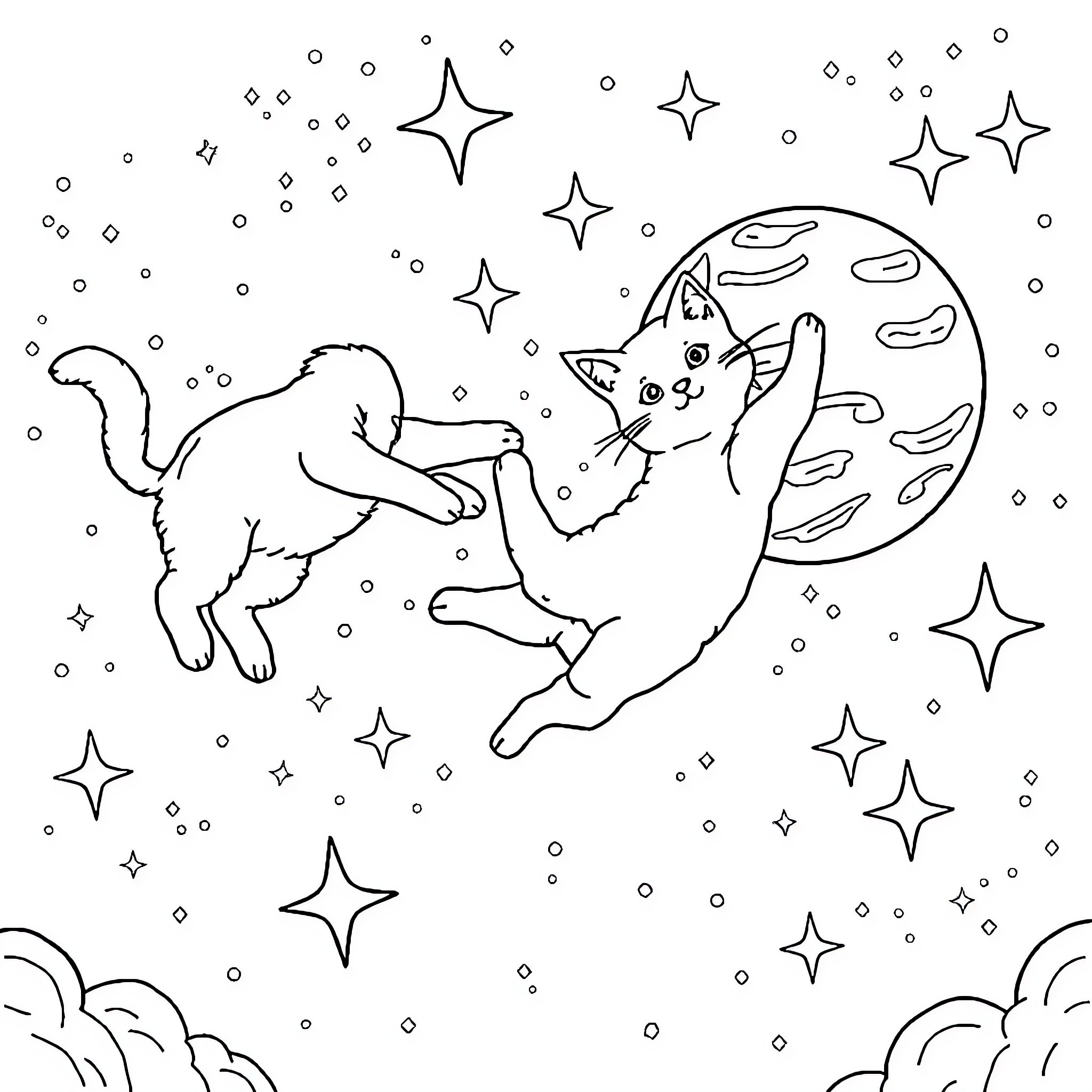 Cat playing in a starry night sky Coloring Page (free black-and-white line drawing printable PDF for all, from beginners to advanced learners, including children, teens, adults, and seniors)