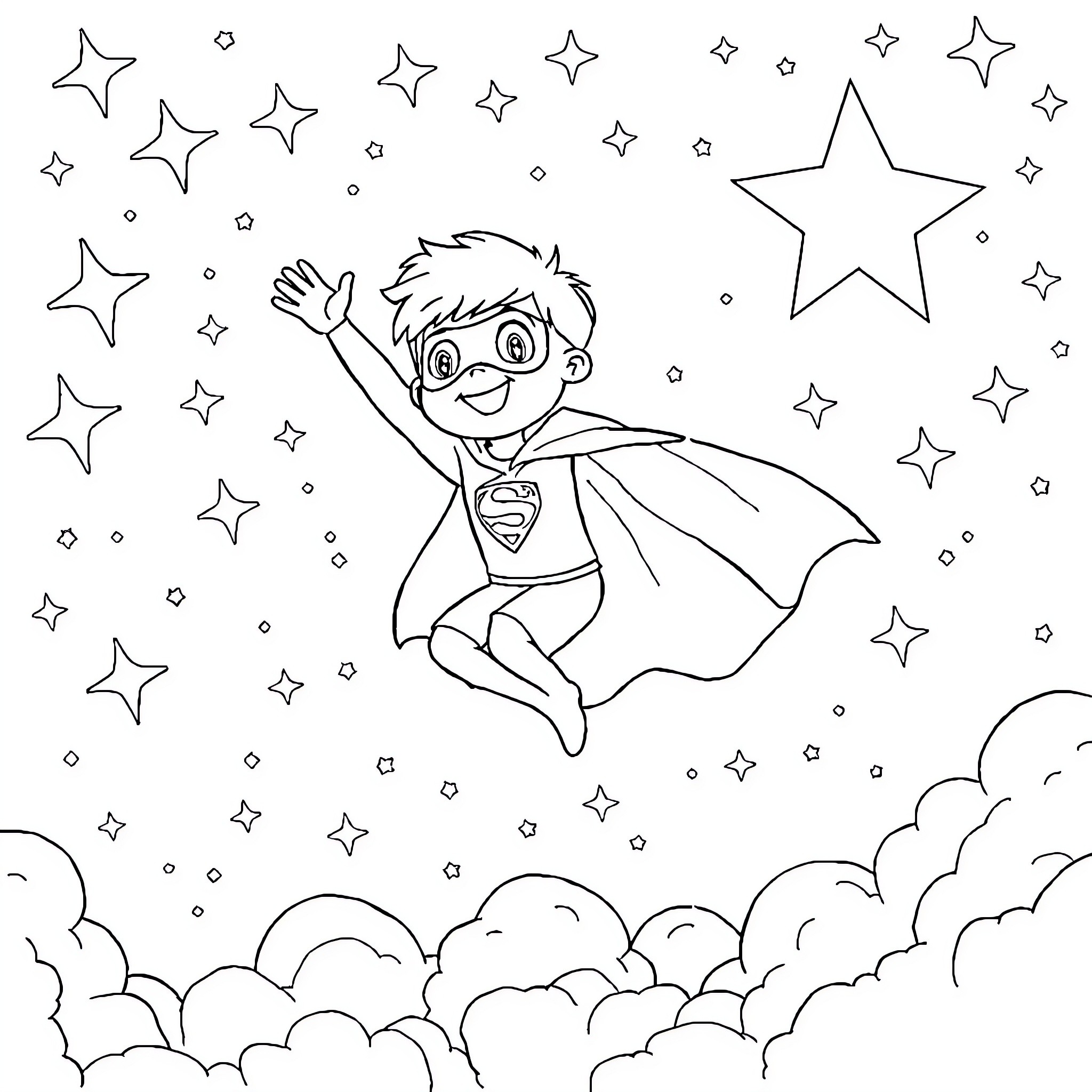 Superhero flying among the stars Coloring Page (free black-and-white line drawing printable PDF for all, from beginners to advanced learners, including children, teens, adults, and seniors)
