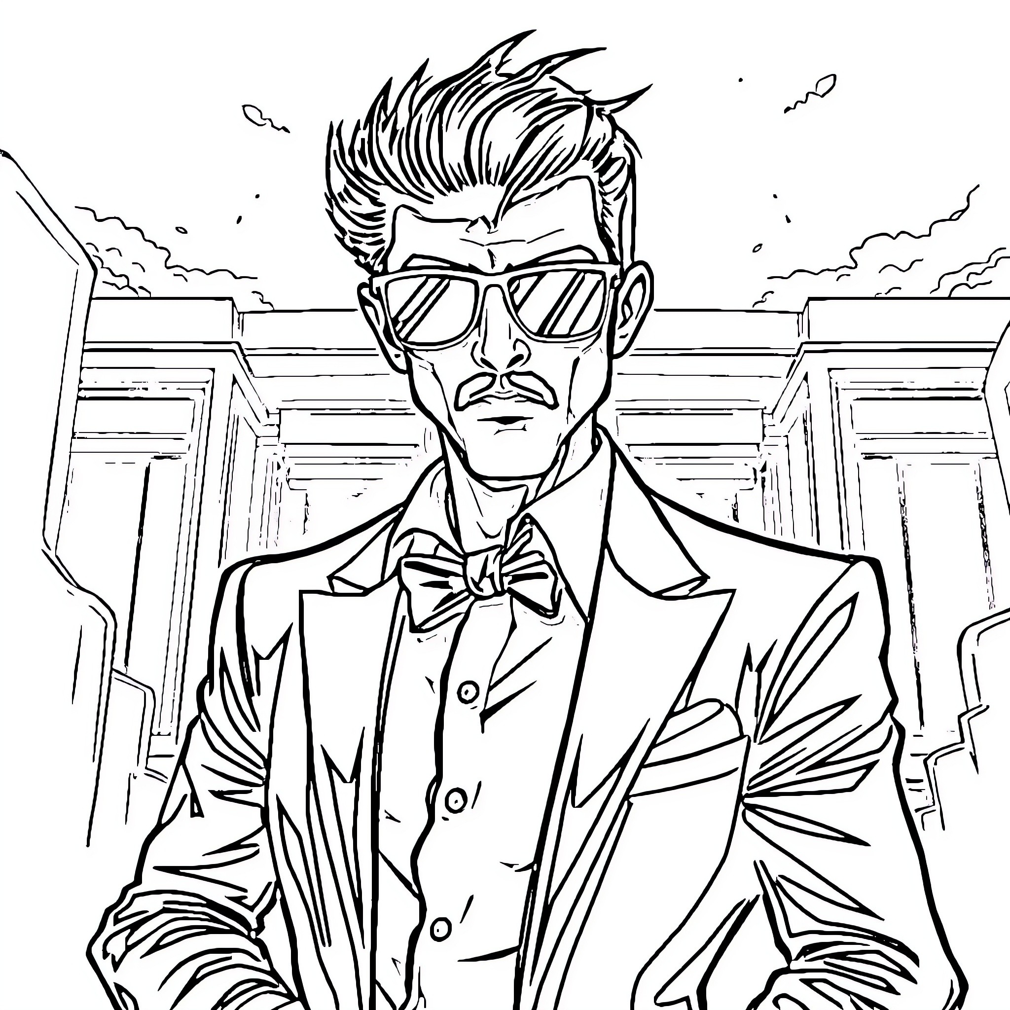 Bandit with sharp looks in a formal setting Coloring Page (free black-and-white line drawing printable PDF for all, from beginners to advanced learners, including children, teens, adults, and seniors)